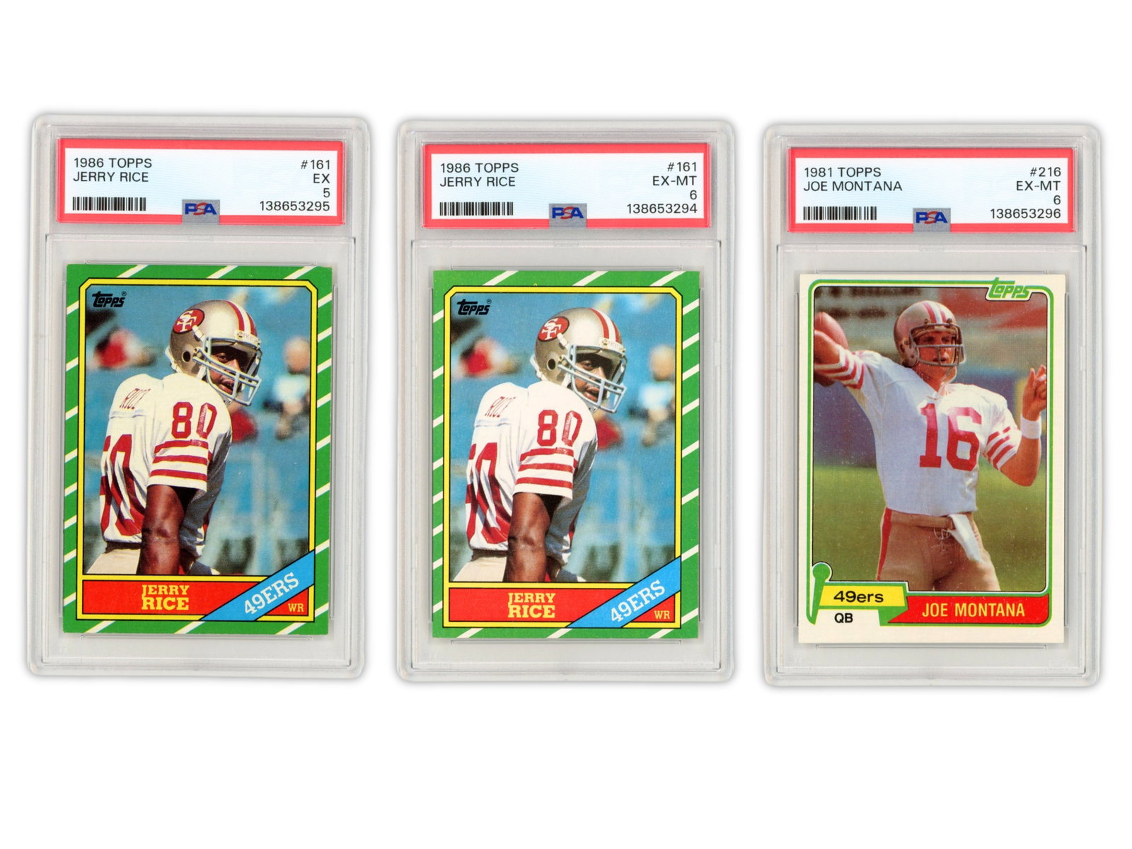 (3) Football Rookie Cards PSA Joe Montana & Jerry Rice PSA: Three PSA graded football rookie cards including 1981 Topps #216 Joe Montana PSA 6, 1986 Topps #161 Jerry Rice PSA 6, and 1986 Topps #161 Jerry Rice PSA 5. Montana led the San Francisco 49ers to four 