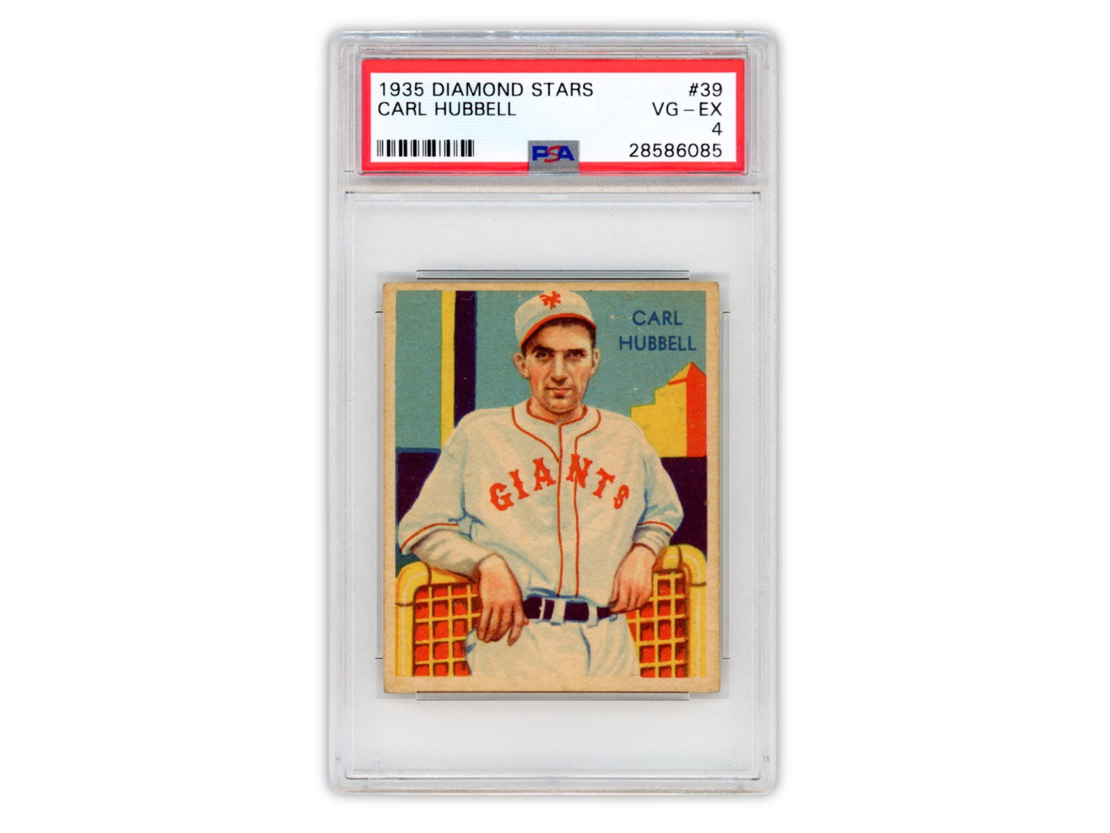 1935 Diamond Stars #39 Carl Hubbell PSA 4: 1935 Diamond Stars #39 Carl Hubbell card graded PSA VG-EX 4. Hubbell was a Hall of Fame pitcher for the New York Giants and one of the most dominant left-handers of his era, highlighted by his famous