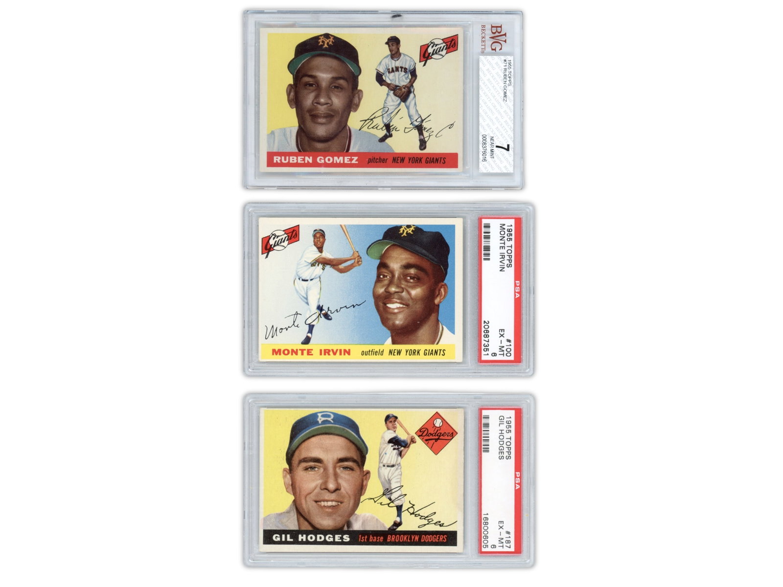 (3) 1955 Topps Baseball Graded Cards: 1955 Topps graded baseball cards including Monte Irvin #100 PSA 6, Gil Hodges #187 PSA 6, and Ruben Gomez #71 graded Beckett 7. Irvin and Hodges were key contributors to New York baseball during the e