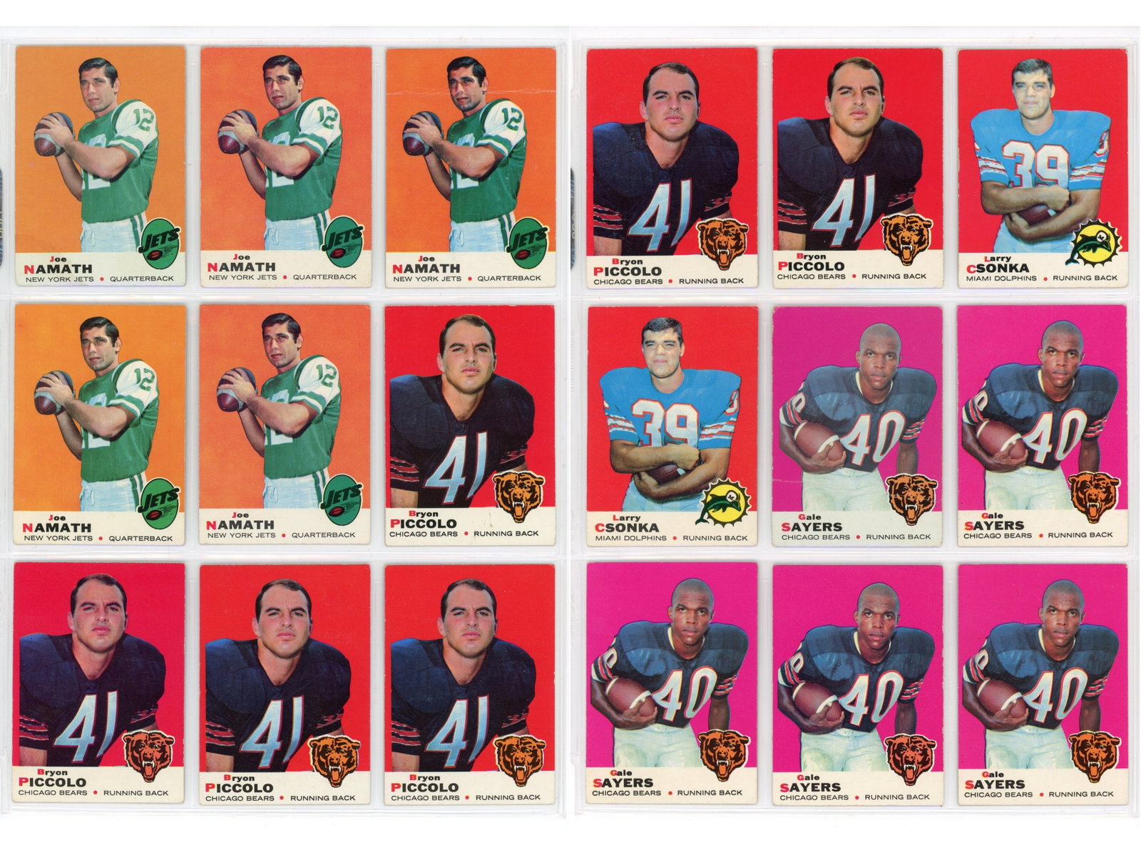 1969-74 Topps Football Card Collection (92): 1969-1974 Topps football card collection totaling 92 cards, including multiple examples of Joe Namath, O.J. Simpson, Gale Sayers, and other stars and Hall of Famers from the era. Please see scans for 