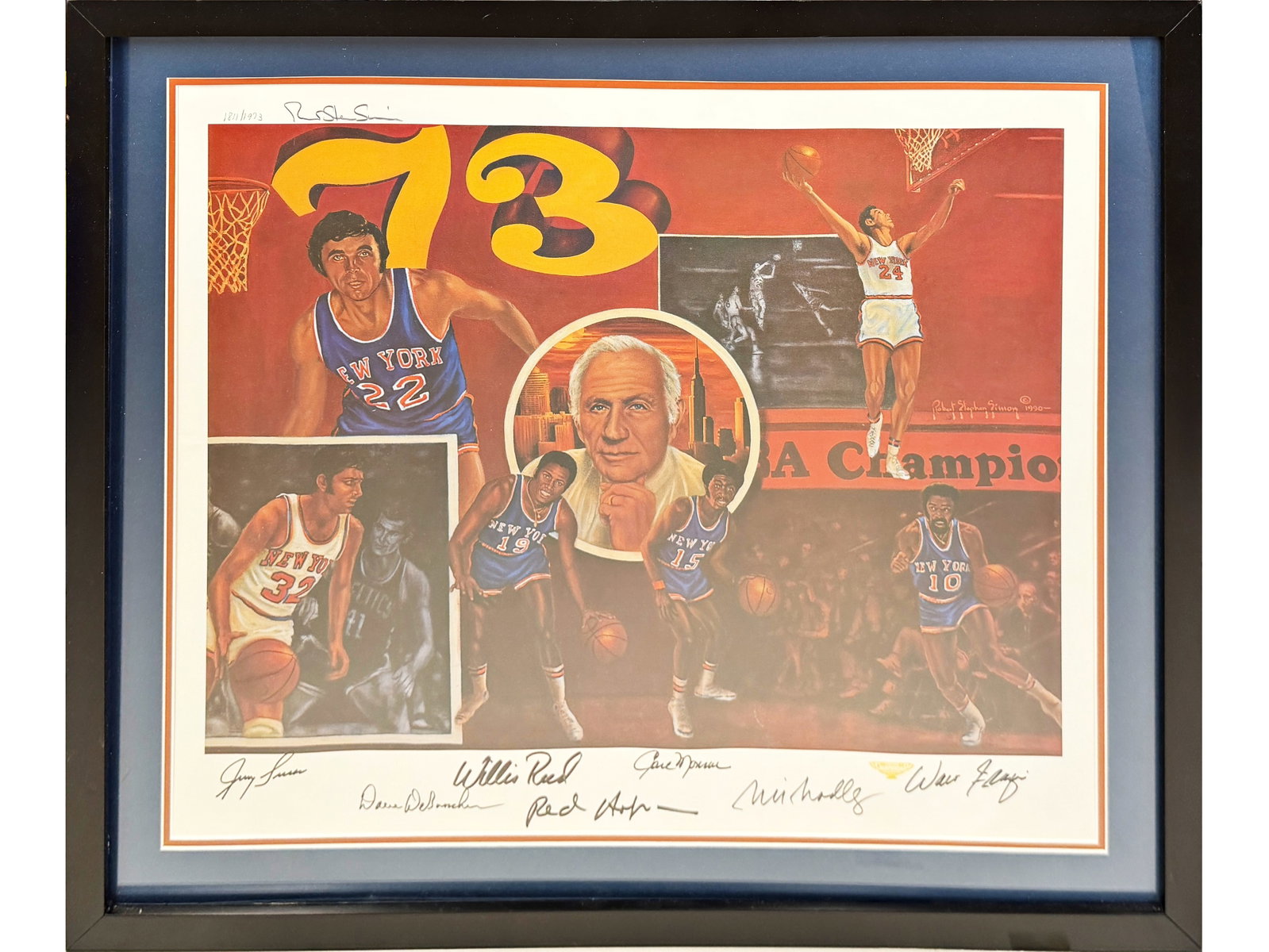 1973 NY Knicks Team Signed Champions Lithograph: Offered here is an impressive team-signed lithograph featuring the 1973 NBA champion New York Knicks. Including a signature from artist Robert Stephen Simon, it features bold autographs from Jerry Luc
