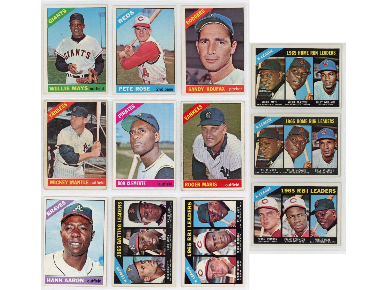 (12) 1966 Topps Baseball Stars Lot: Group of 12 1966 Topps baseball cards including Willie Mays, Pete Rose, Sandy Koufax, Mickey Mantle, Roger Maris, Roberto Clemente, Hank Aaron, and others. Strong vintage star lot from one of the most