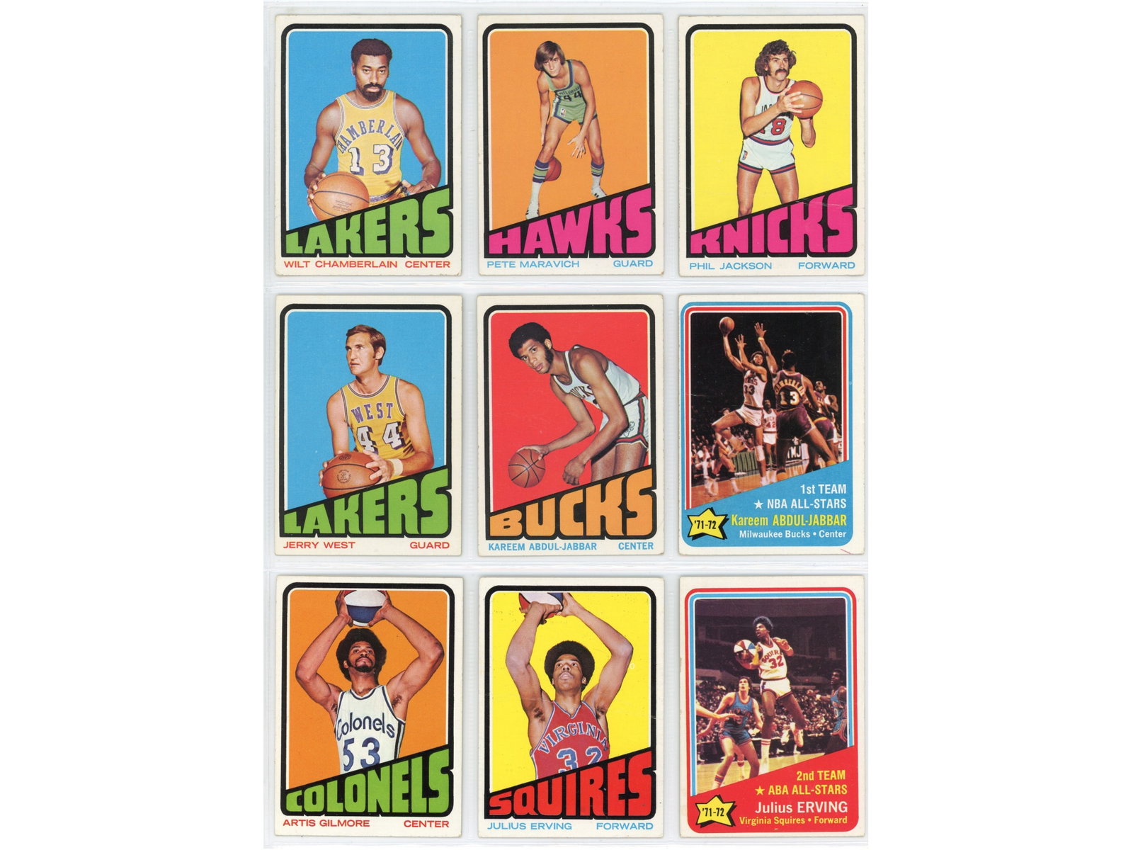 1972 Topps Basketball Complete Set: Offered is a 1972 Topps Basketball Complete Set with 264 cards. Highlights include: Wilt Chamberlain, Pete Maravich, Phil Jackson (RC), Jerry West, Kareem Abdul-Jabbar, Artis Gilmore (RC), Julius Ervi