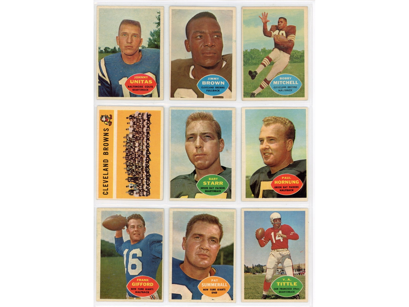 1960 Topps Football Complete Card Set: Offered is a complete 1960 Topps Football card set, 132 cards. Highlights include Johnny Unitas, Jim Brown, Bobby Mitchell, Bart Starr, Paul Hornung, Frank Gifford, Pat Summerall, Y.A. Tittle, and oth