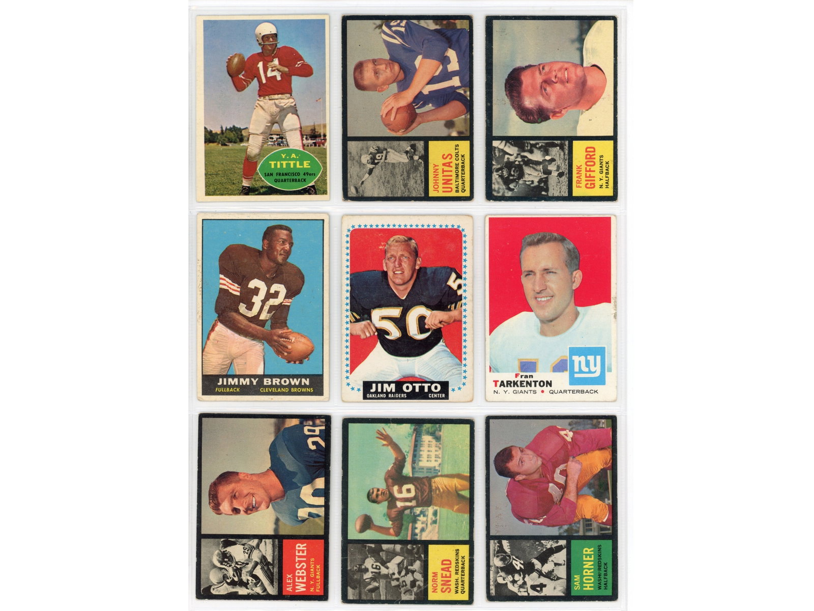 1960's Topps Football Card Lot: Lot of 1960's Topps Football cards. Highlights include: Jim Brown, Jim Otto, Fran Tarkenton, Frank Gifford, Johnny Unitas, Y.A. Tittle, and others. Includes (41) 1960 Topps cards, (26) 1961 Topps card