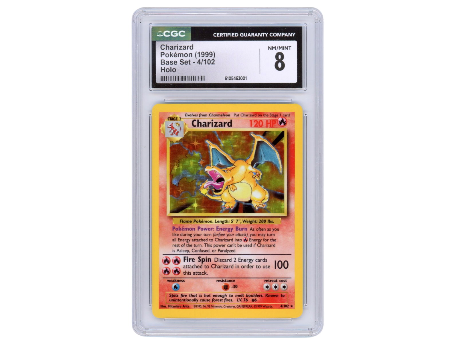 Pokemon Charizard Base Set Holo CGC 8: 1999 Pokemon Base Set (Unlimited) Charizard holographic card (#4/102), graded CGC NM/Mint 8.. CGC certification number 6105463001. Shipping: Weiss Auctions offers full-service, in-house shipping for n