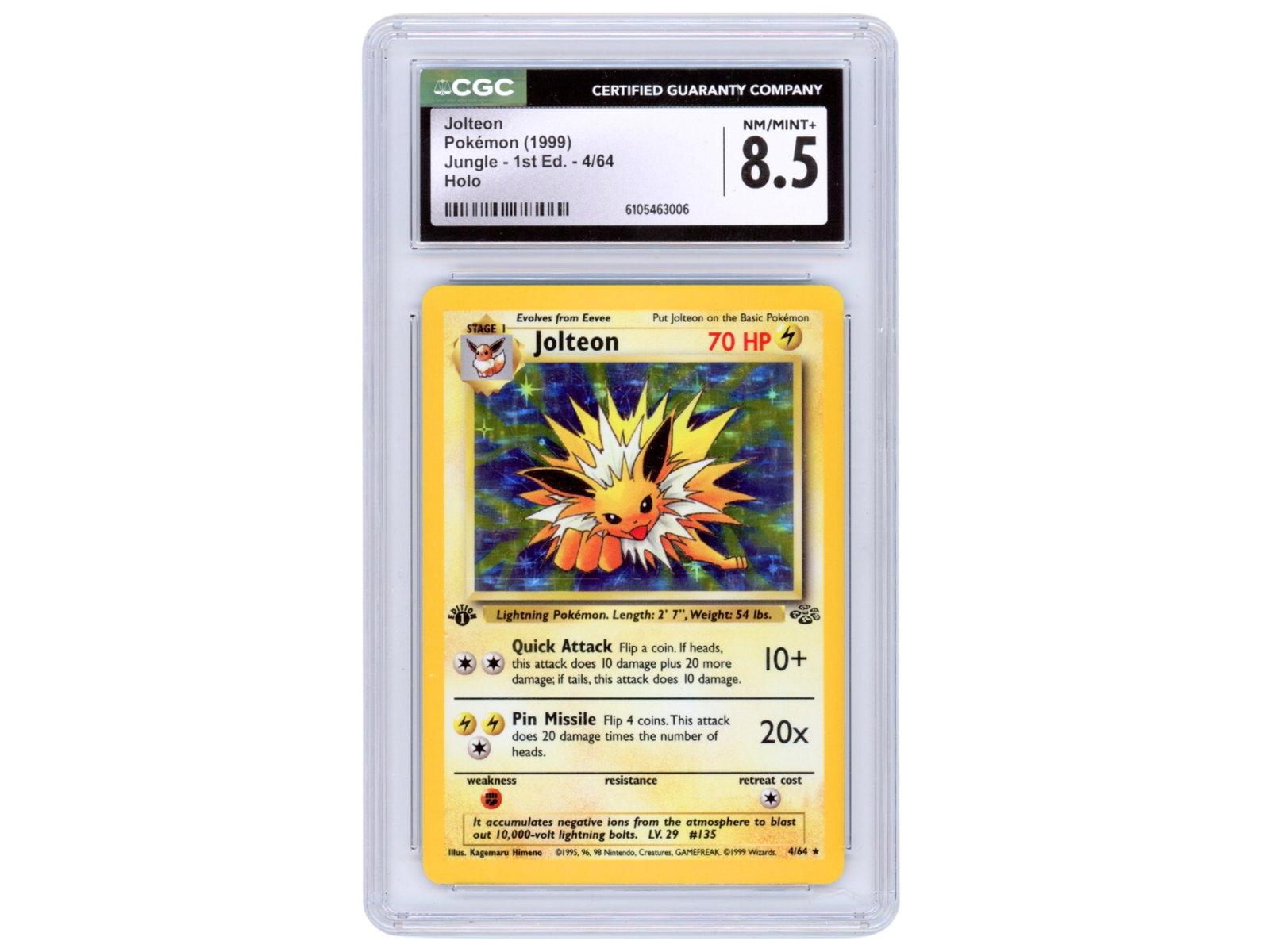 Pokemon Jolteon Jungle 1st Ed Holo CGC 8.5: Pokemon Jungle Jolteon holographic card (#4/64), 1st Edition. Graded CGC NM/Mint+ 8.5. CGC certification number 6105463006. Shipping: Weiss Auctions offers full-service, in-house shipping for nearly a