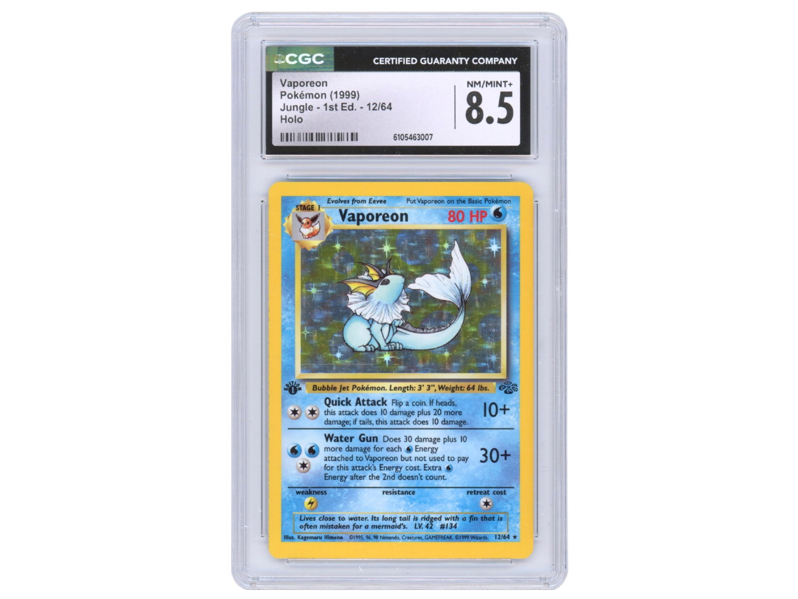 Pokemon Vaporeon Jungle 1st Ed Holo CGC 8.5: Pokemon Jungle Vaporeon holographic card (#12/64), 1st Edition. Graded CGC NM/Mint+ 8.5. CGC certification number 6105463007. Shipping: Weiss Auctions offers full-service, in-house shipping for nearly