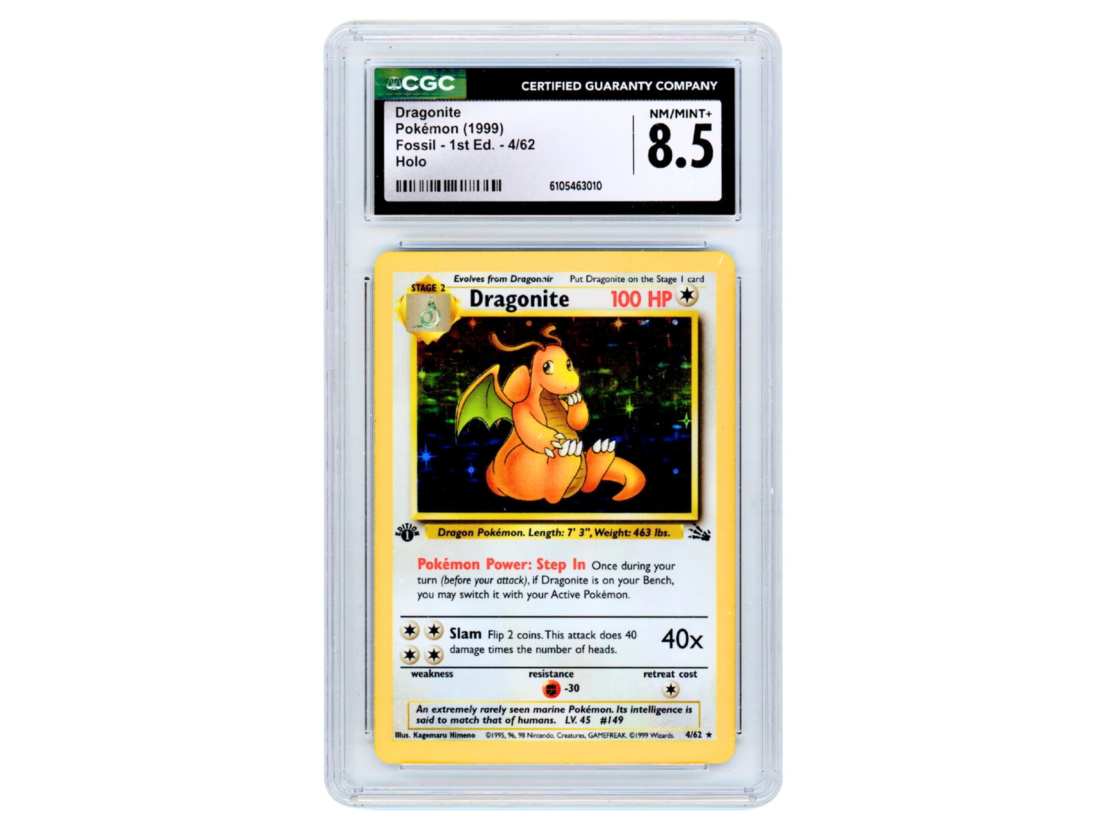 Pokemon Dragonite Fossil 1st Ed Holo CGC 8.5: Pokemon Fossil Dragonite holographic card (#4/62), 1st Edition. Graded CGC NM/Mint+ 8.5. CGC certification number 6105463010. Shipping: Weiss Auctions offers full-service, in-house shipping for nearly