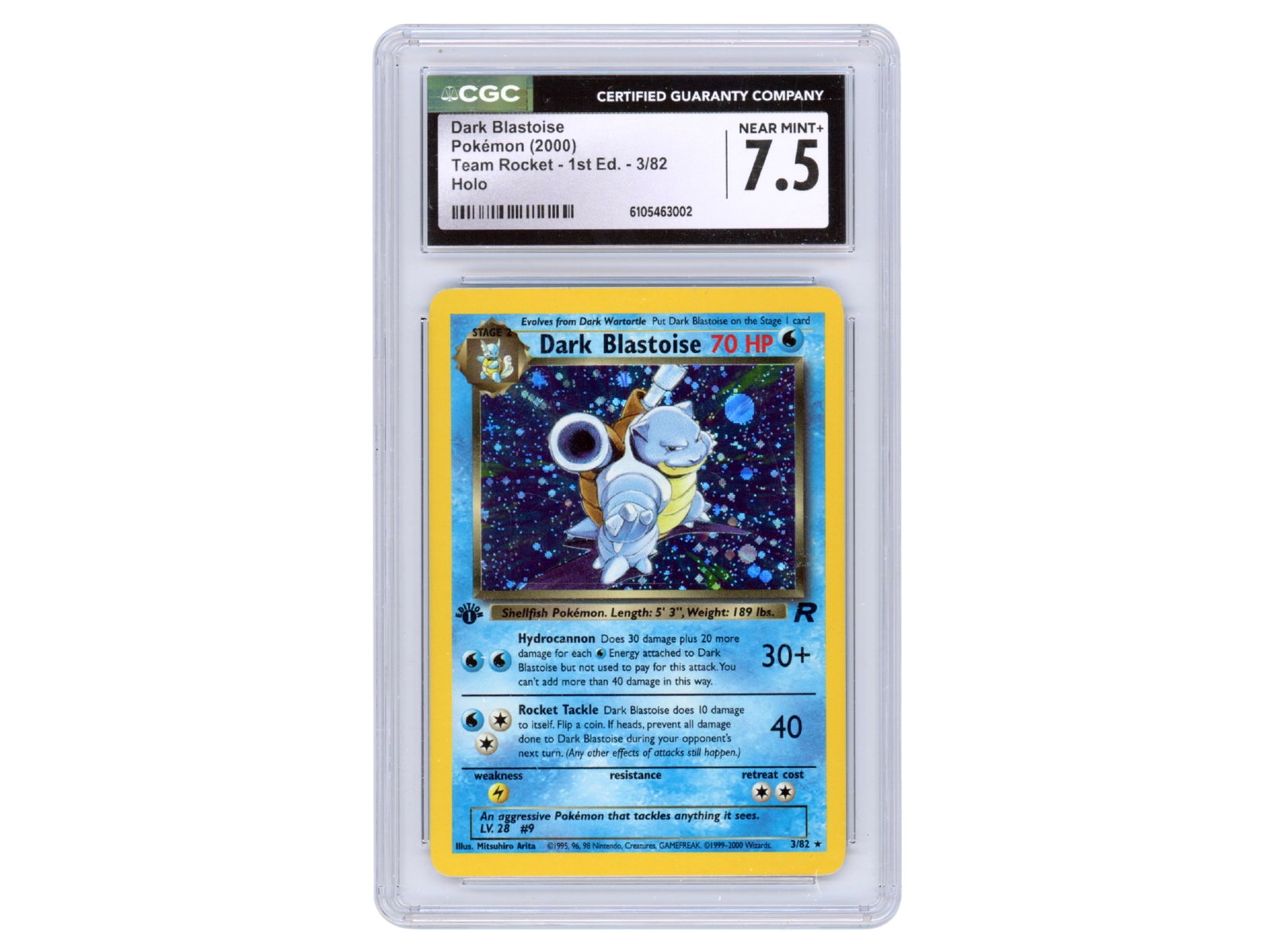 Pokemon Dark Blastoise 1st Ed Holo CGC 7.5: Pokemon Team Rocket Dark Blastoise holographic card (#3/82), 1st Edition. Graded CGC Near Mint+ 7.5. CGC certification number 6105463002. Shipping: Weiss Auctions offers full-service, in-house shippin