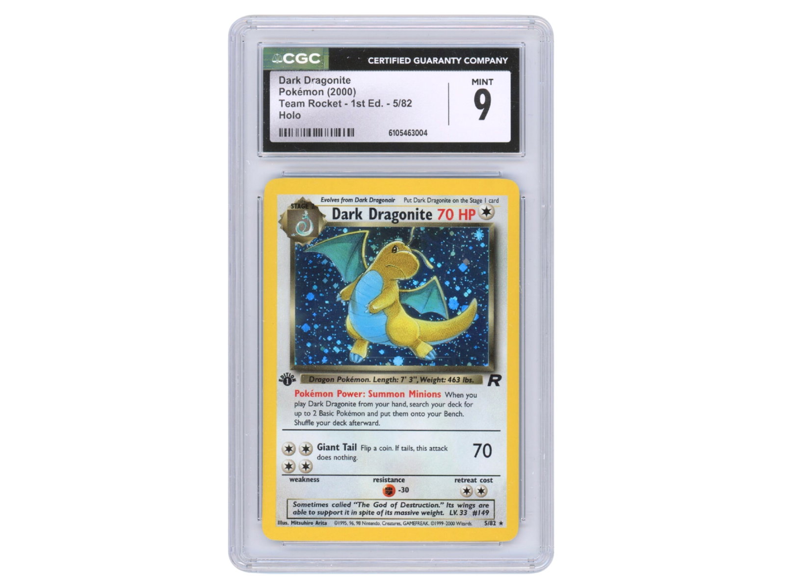 Pokemon Dark Dragonite 1st Ed Holo CGC 9: Pokemon Team Rocket Dark Dragonite holographic card (#5/82), 1st Edition. Graded CGC Mint 9. CGC certification number 6105463004. Shipping: Weiss Auctions offers full-service, in-house shipping for ne
