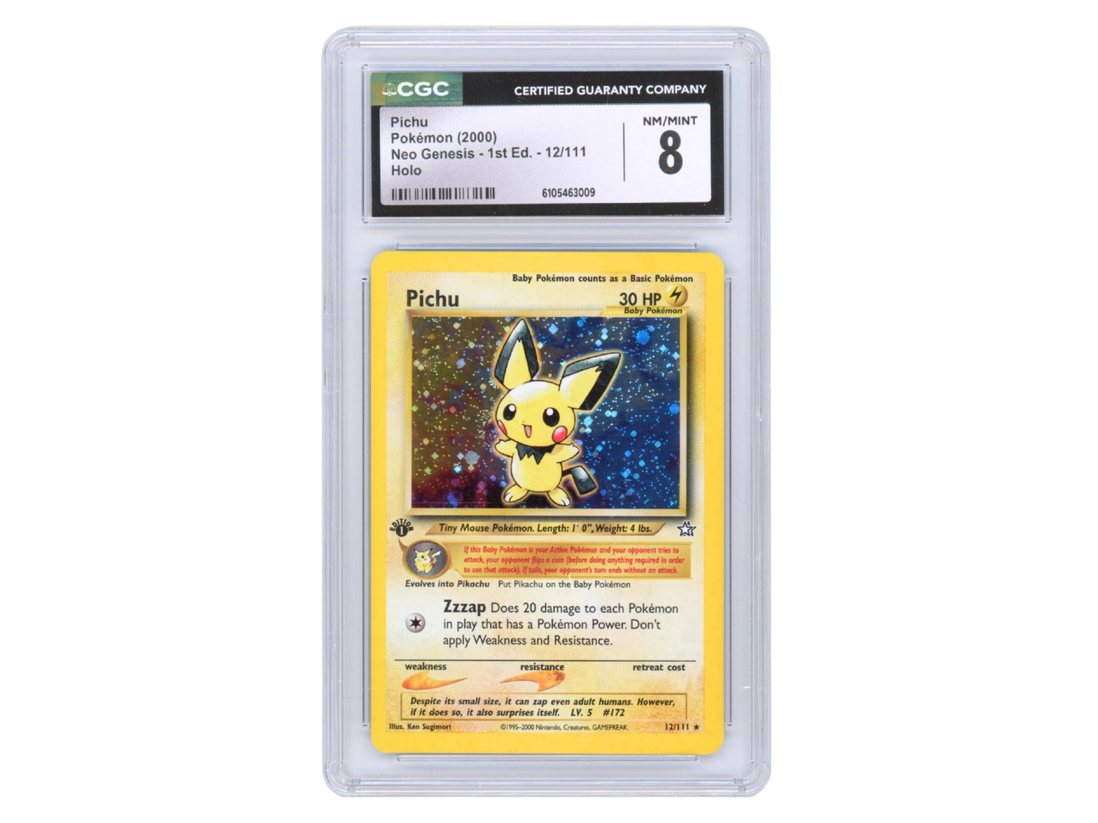 Pokemon Pichu Neo Genesis 1st Ed Holo CGC 8: Pokemon Neo Genesis Pichu holographic card (#12/111), 1st Edition. Graded CGC NM/Mint 8. CGC certification number 6105463009. Shipping: Weiss Auctions offers full-service, in-house shipping for nearly