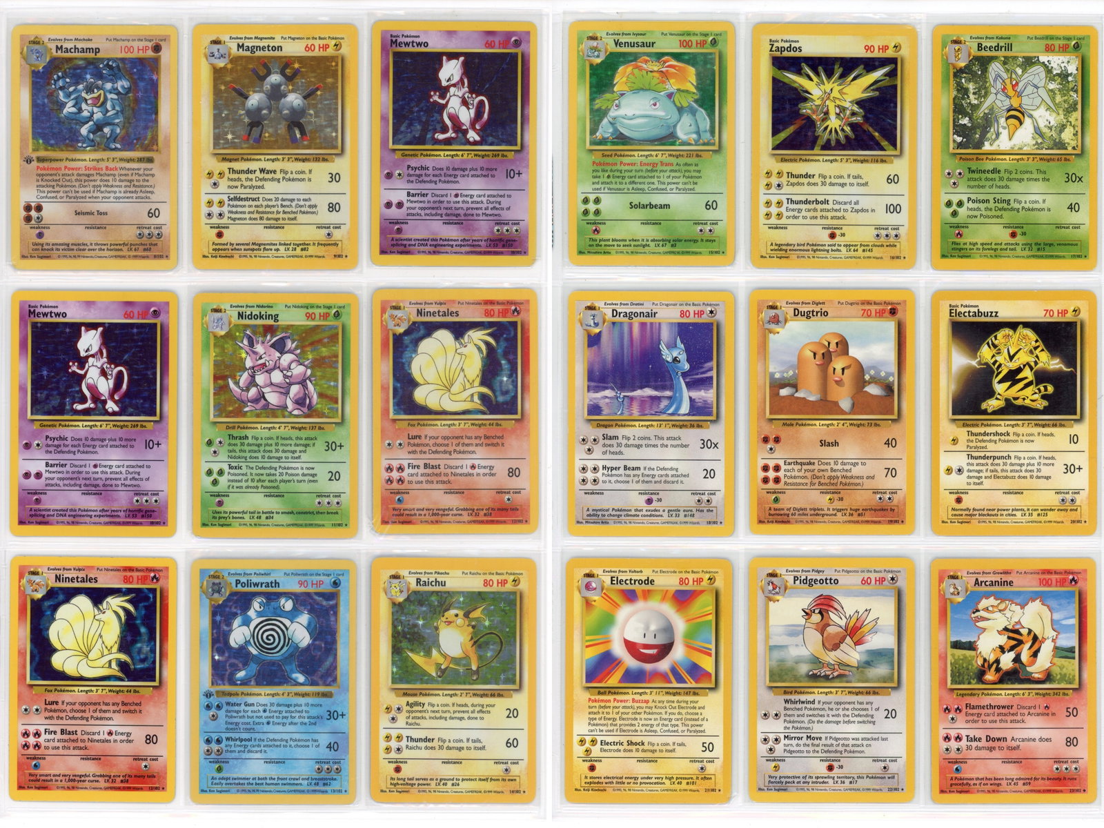 Pokemon Base Set Near Complete: 1999 Pokemon Base Set near complete set, missing only Charizard (#4/102). Lot includes 133 total cards with several duplicates present. Includes some first edition. Ungraded. See scans for condition. 