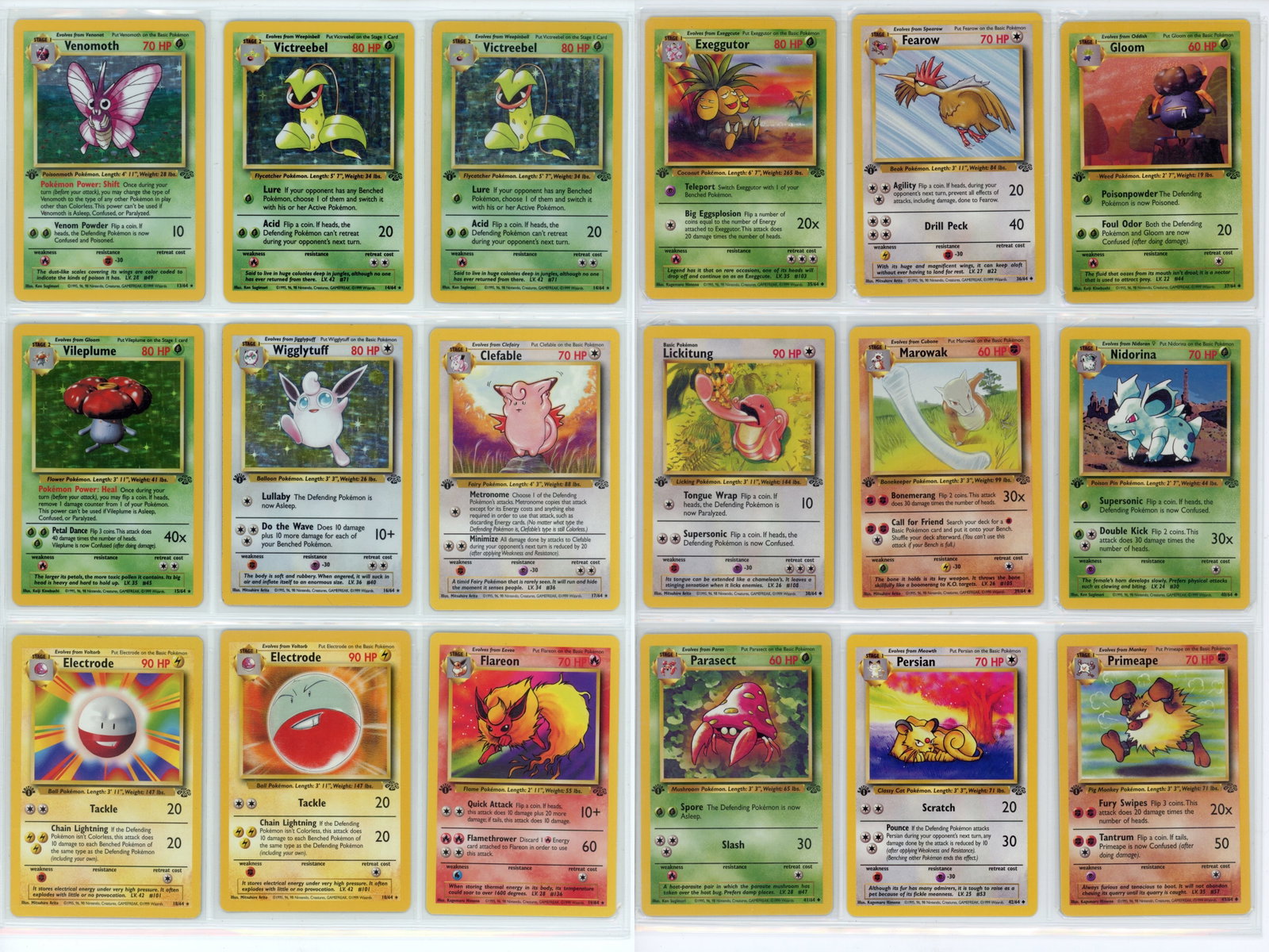 Pokemon Jungle 1st Ed Near Complete Set: Pokemon Jungle near complete 1st Edition set consisting of 70 cards. Missing only Snorlax (#11), Vaporeon (#12), and Jolteon (#4). Includes duplicate cards, primarily Unlimited but some 1st Edition. U