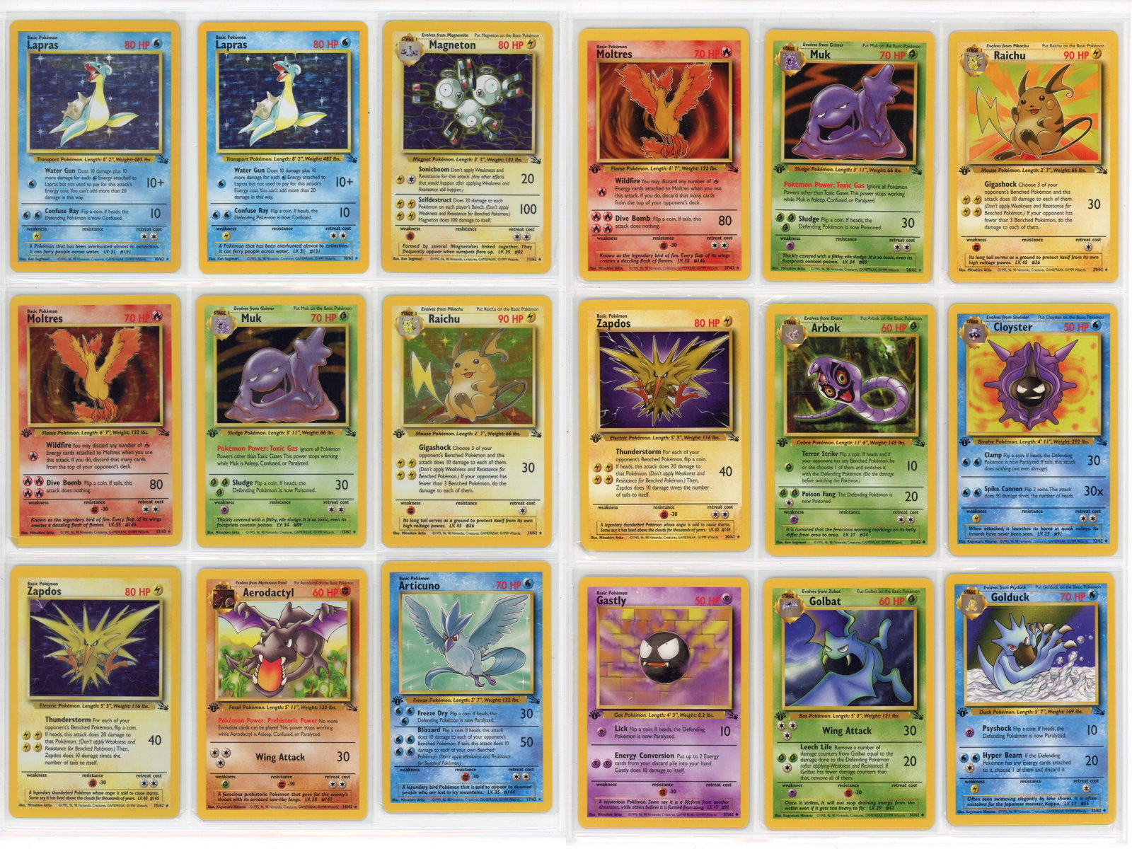 Pokemon Fossil Near Complete 1st Ed Set: Pokemon Fossil near complete set consisting of 63 cards, missing only Dragonite (#4). Includes duplicates of Kabutops (#10) and Psyduck (#53). A total of 53 cards are 1st Edition. Ungraded. See scans 