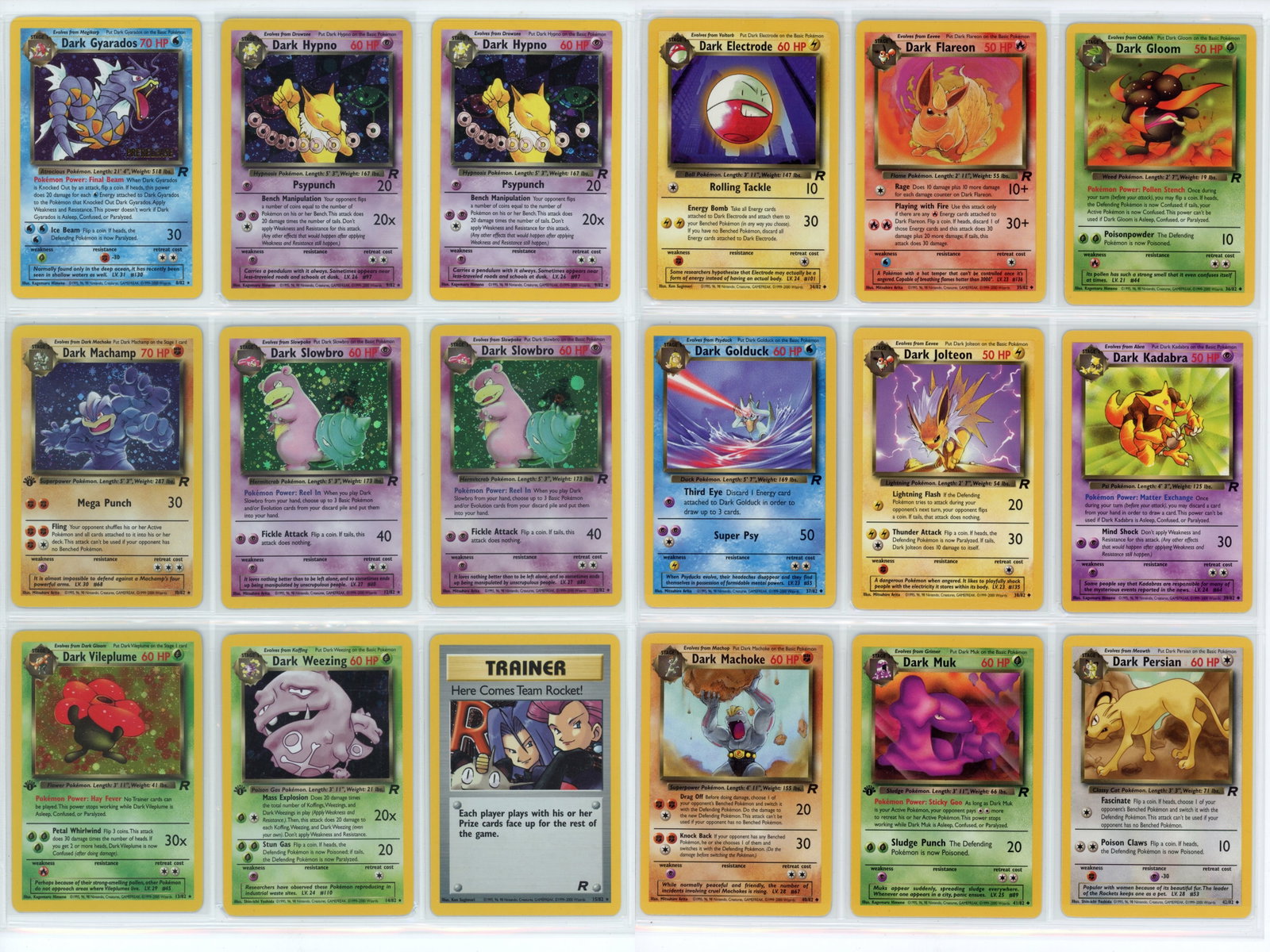 Pokemon Team Rocket Near Complete Set: Pokemon Team Rocket near complete set consisting of 86 cards, missing only Dark Blastoise (#3), Dark Charizard (#4), and Dark Dragonite (#5). Includes Dark Raichu (#83/82) secret rare and two Prerelea