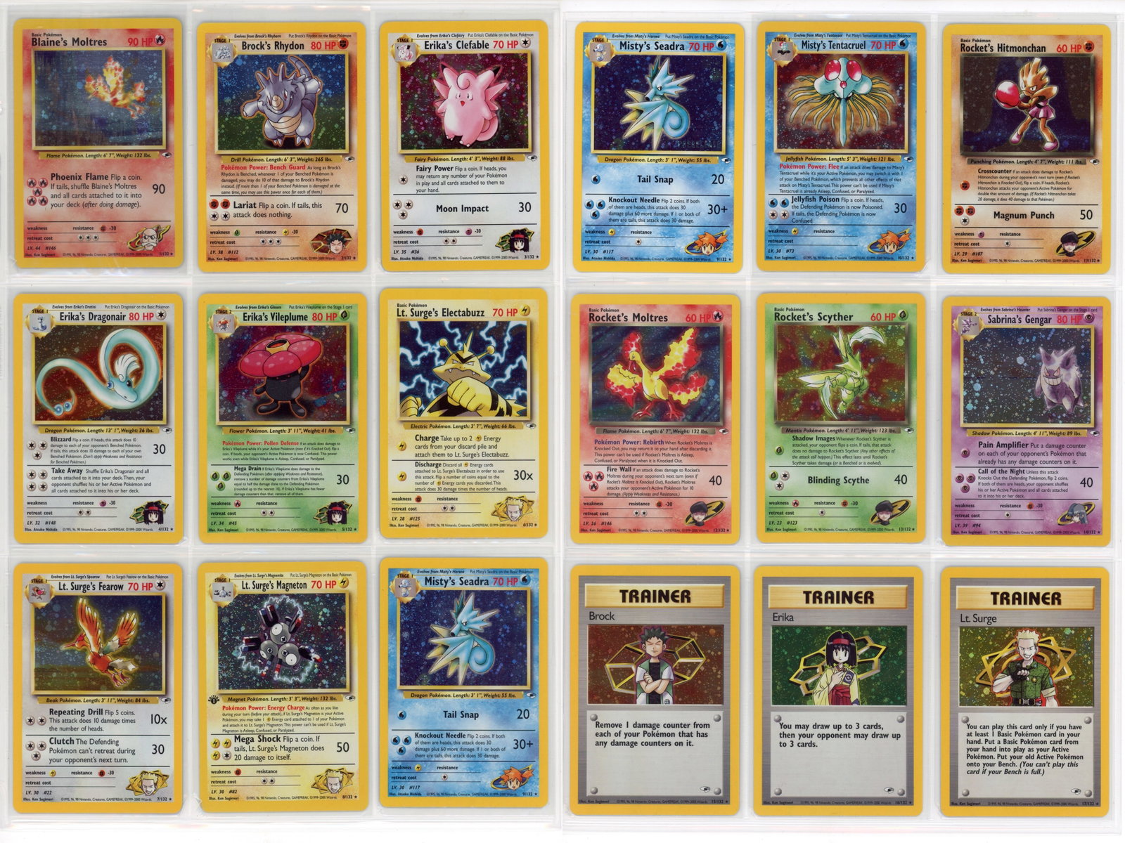 Pokemon Gym Heroes Near Complete Set: Pokemon Gym Heroes near complete set consisting of 133 cards, missing only Lt. Surge's Secret Plan (#111). Includes Prerelease Misty's Seadra and two copies of the card. A total of one card is 1st Edi