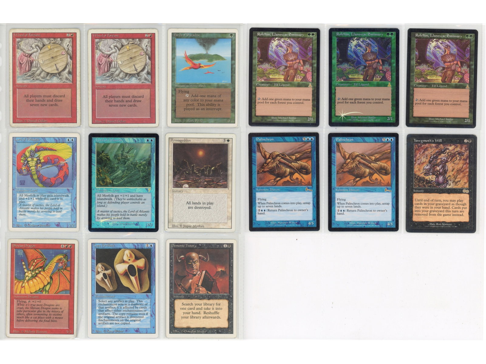 (15) Magic the Gathering Rare Card Lot: Collection of 15 better Magic the Gathering cards including Urza's Saga Yawgmoth's Will, two Revised Wheel of Fortune, Revised Birds of Paradise, Revised Lord of Atlantis, Seventh Edition Foil Lord of