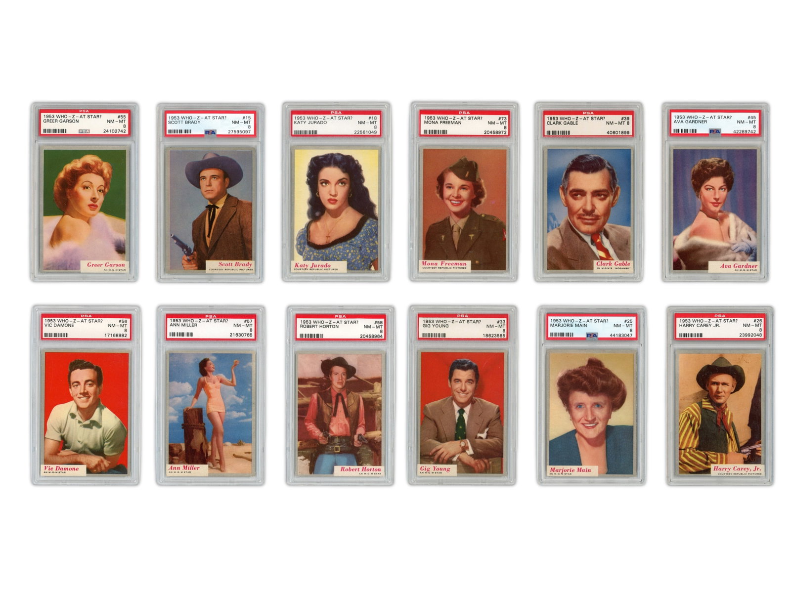 1953 Topps Who-Z-At Star? Complete Set PSA Graded: High Grade Complete Set of 1953 Topps Who-Z-At Star all PSA Graded. PSA 6 Card #'s13,42,48,50 & 54 PSA 7 Card #'s 1-4, 6, 9-10, 14, 16-17, 19, 21-24, 27-30, 32, 34, 37-38, 40-41, 43-44, 46-47, 49, 53,