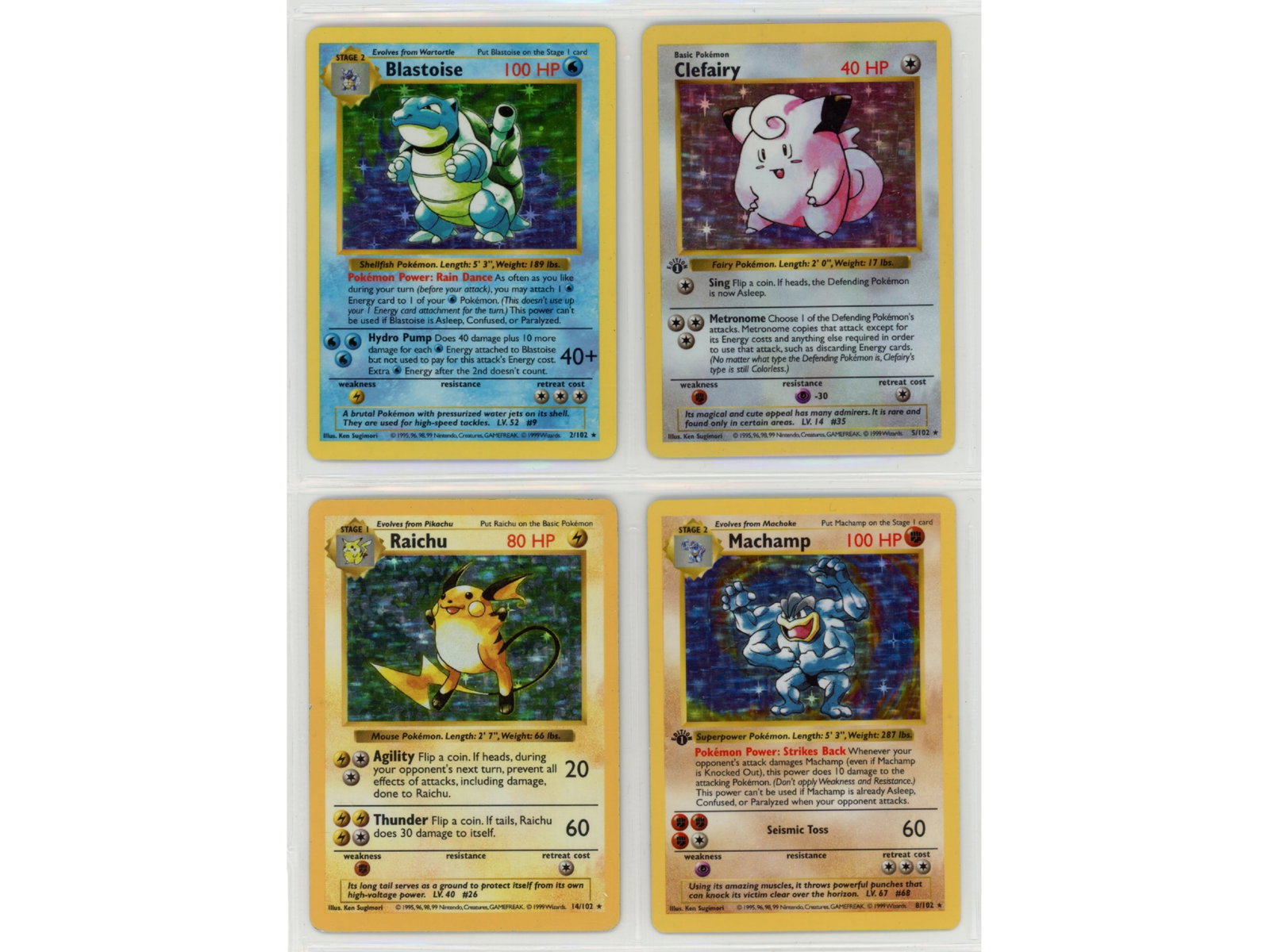 (4) Pokemon Shadowless Holo Cards including Blastoise: Group of 4 Pokemon Base Set Shadowless holographic cards highlighted by Blastoise (#2/102), together with Clefairy (#5/102), Raichu (#14/102), and Machamp (#8/102). Ungraded. See images for condition.