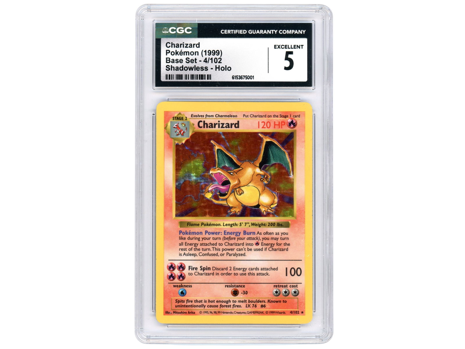 Pokemon Charizard Base Set Shadowless CGC 5: Pokemon Charizard Base Set Shadowless holographic card (#4/102). Graded CHC Excellent 5. CCG certification number 6153675001. Shipping: Weiss Auctions offers full-service, in-house shipping for nearly