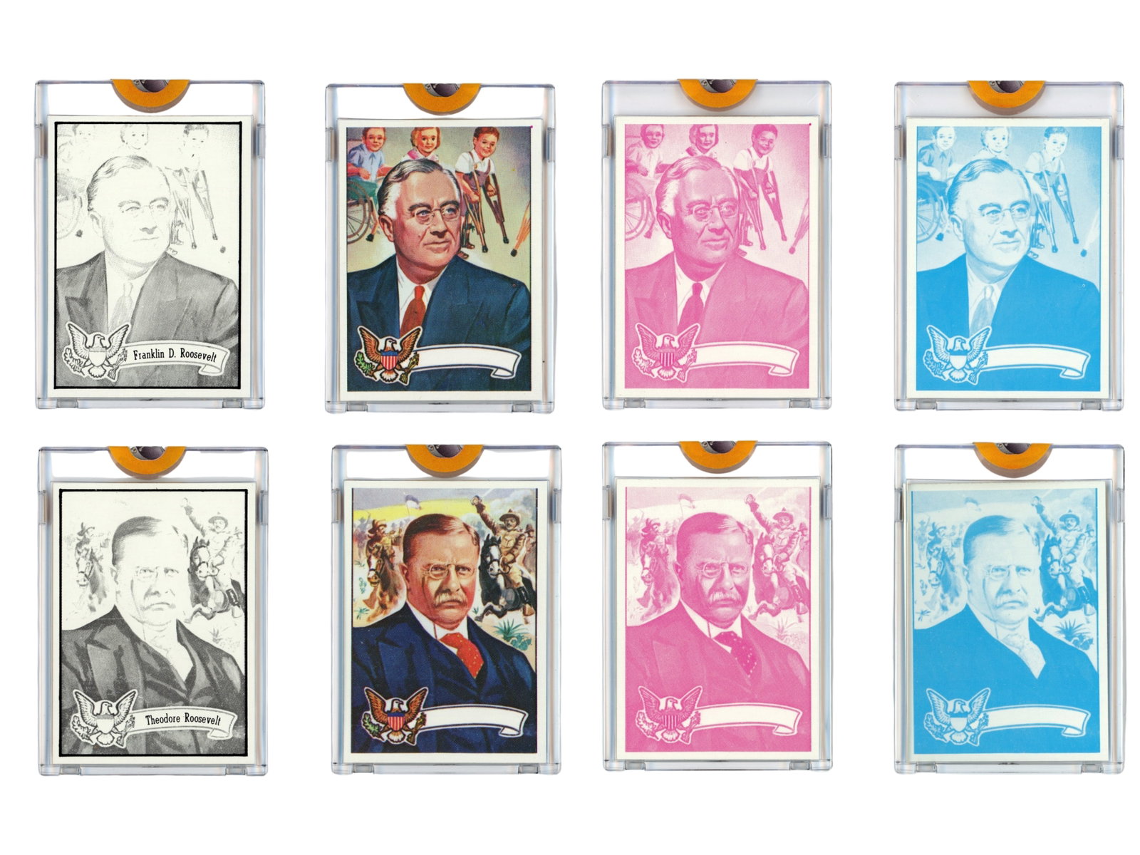 (8) 1972 Topps Presidents Proof Cards: Group of (8) 1972 Topps U.S. Presidents proof cards from the Topps Vault, including (4) Theodore Roosevelt and (4) Franklin D. Roosevelt examples. These proof cards represent pre-production material