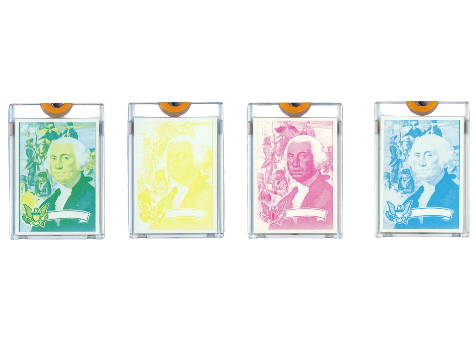 (4) 1972 Topps Washington Proof Cards: Group of (4) 1972 Topps U.S. Presidents proof cards featuring George Washington from the Topps Vault. These proof cards represent pre-production material from the Topps printing process and are far