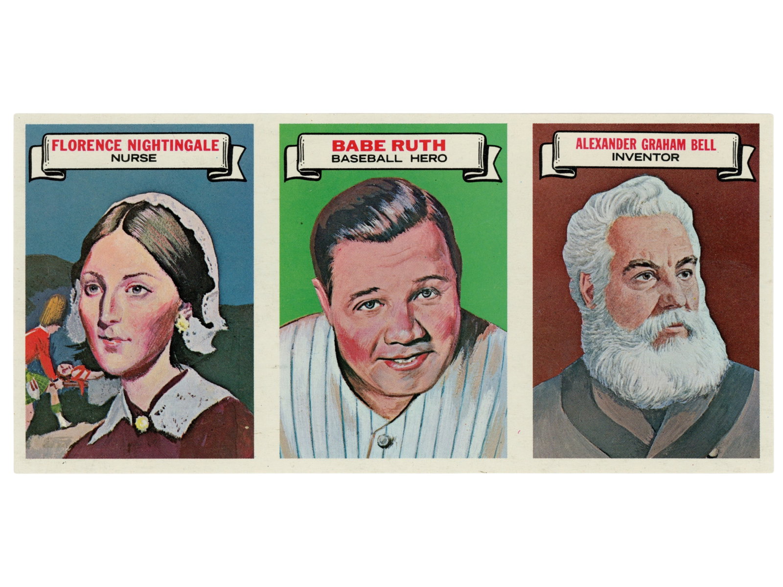 1967 Topps Who Am I Uncut Strip: 1967 Topps "Who Am I?" uncut card strip featuring Florence Nightingale, Babe Ruth, and Alexander Graham Bell. Blank back example from the Topps Vault, representing pre-production material from the Top
