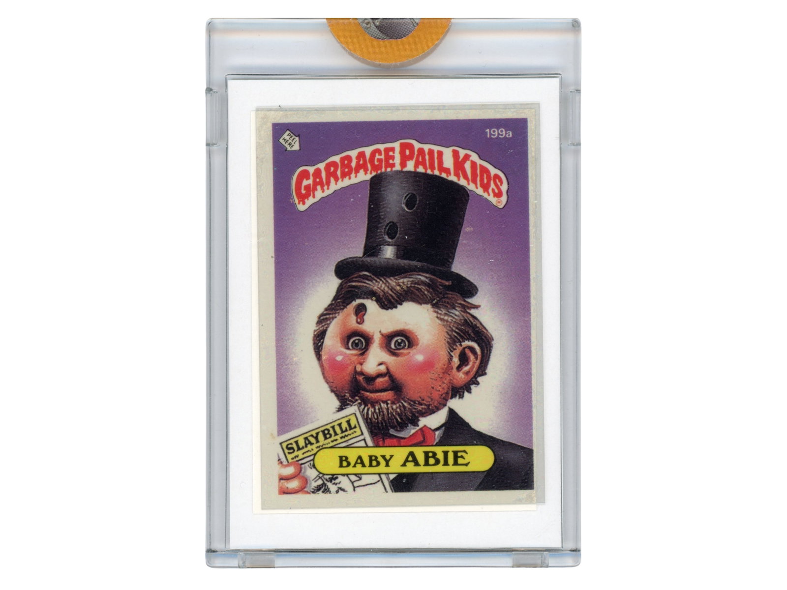 1985 GPK Baby Abie Unpublished Proof Mini: 1985 Topps Garbage Pail Kids Series 5 full-color production proof for the unpublished card "Baby Abie" (#199A), issued here in a reduced "mini" format. This cancelled design was originally intended fo