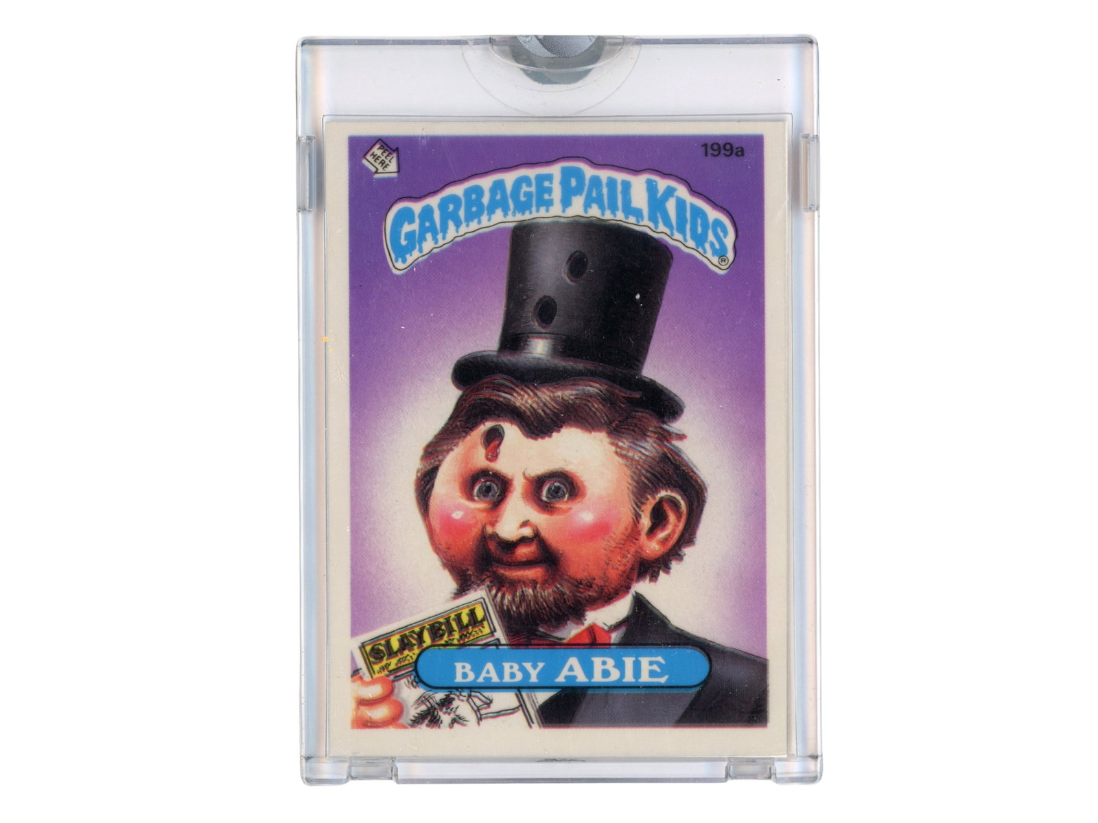 1985 GPK Baby Abie Unpublished Proof Full: 1985 Topps Garbage Pail Kids Series 5 full-color production proof for the unpublished card "Baby Abie" (#199A), presented in full-size format. This cancelled design was originally intended for the OS5