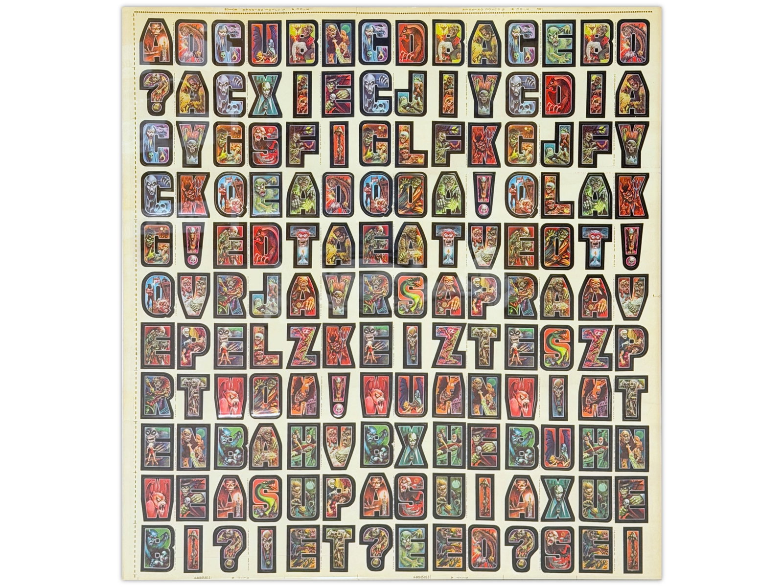 1967 Topps Nutty Initials Stickers Uncut Sheet: Vintage uncut sheet of 1967 Topps Nutty Initials Stickers. There are 154 stickers in total on the sheet. There are a few that have begun to peel off the paper. Sheet size is approx. 26" x 28-1/2". Shi