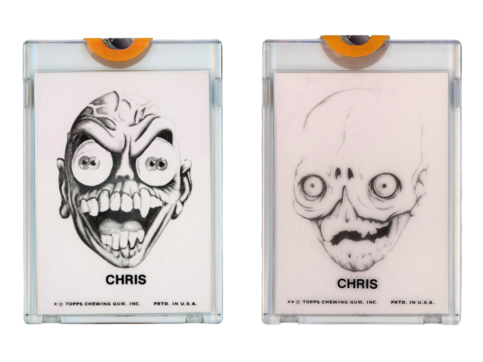 (2) 1973 Topps Ugly Stickers Film Positives: Group of (2) 1973 Topps Ugly Stickers 4-color film positives featuring Chris, from the Topps Vault. These represent pre-production printing material used in the creation of the issued stickers and are