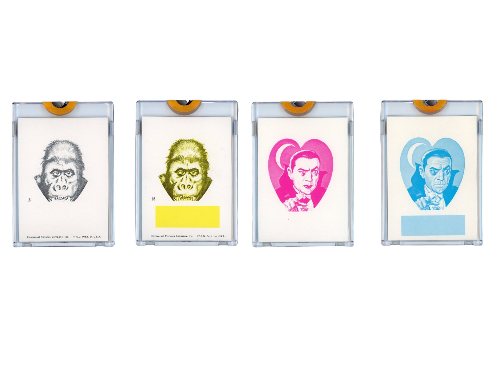 (4) 1966 Topps Frankenstein Sticker Proofs: Group of (4) 1966 Topps Frankenstein Stickers including Proof set #18 and correction proof cards #NNO. These represent pre-production material from the Topps printing process and are far scarcer than 
