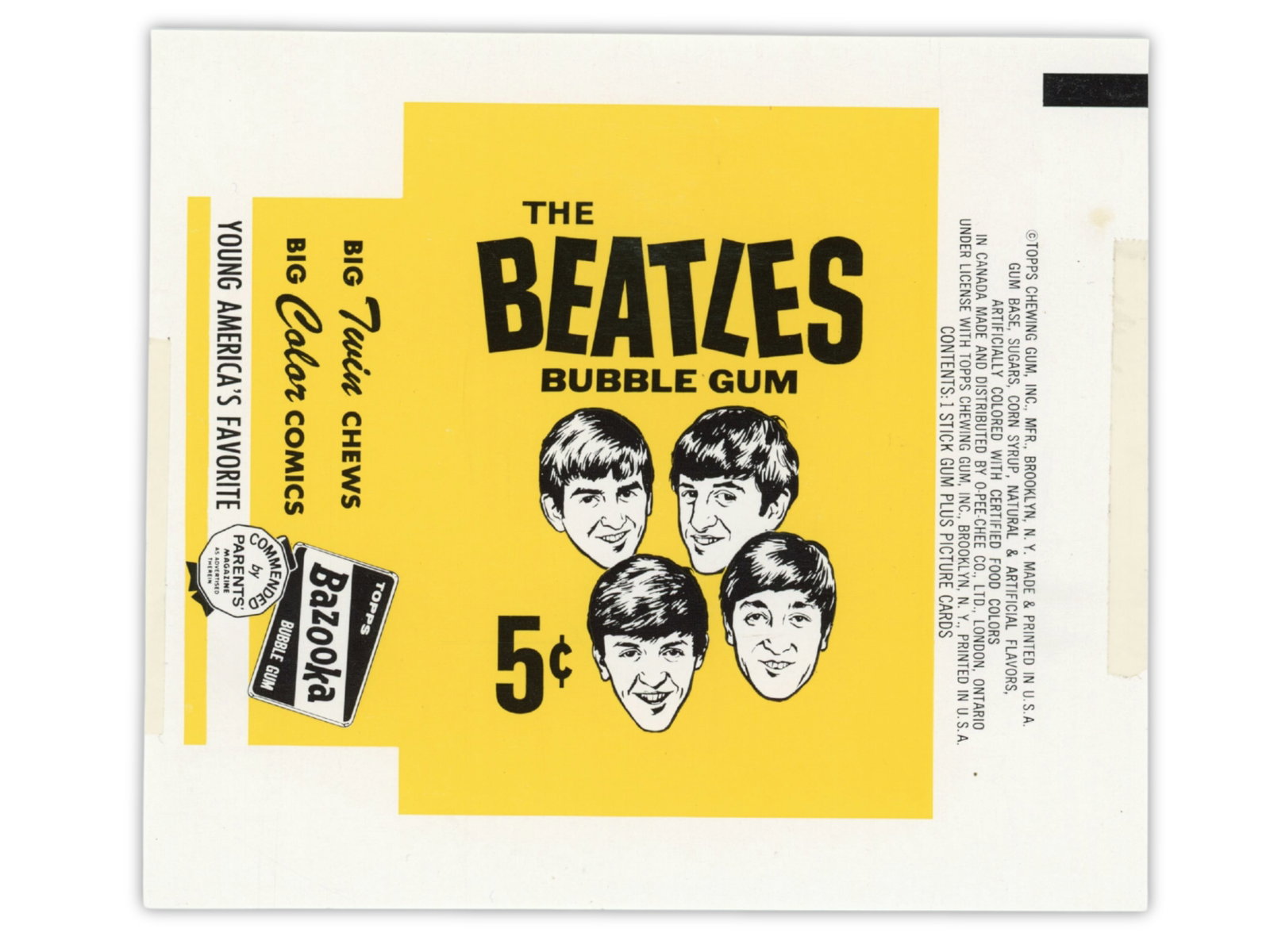 1964 Topps Beatles Wrapper Proof: 1964 Topps Beatles Card Set wax pack wrapper proof from the Topps Vault, accompanied by Topps Vault COA. Rare original production proof material from one of the most iconic non-sports card releases of