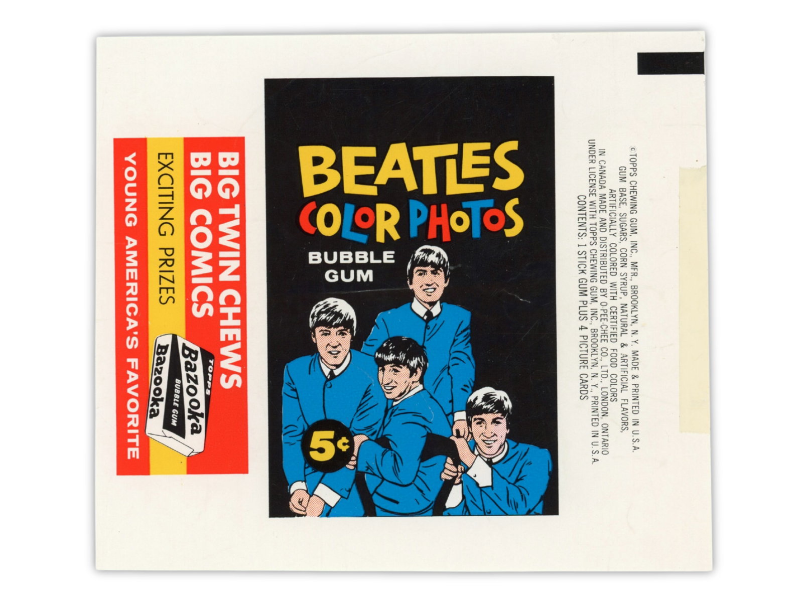 1964 Beatles Color Photos Wrapper PROOF: 1964 Topps Beatles Color Photos Bubble Gum wax pack wrapper proof from the Topps Vault, accompanied by Topps Vault COA. Rare original production proof material from the popular Beatles Color Photos is