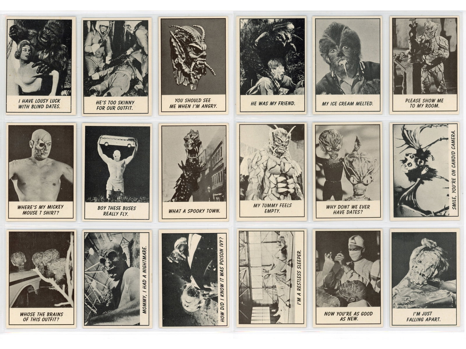 Monster Cards incl. Topps & Abby Sets: Group of four monster and magic non-sport card sets including a complete 1960s Topps Monster Laffs set (66 cards), a complete 1963 Abby Publishing Monster Magic Action set (24 cards and viewer), a 196