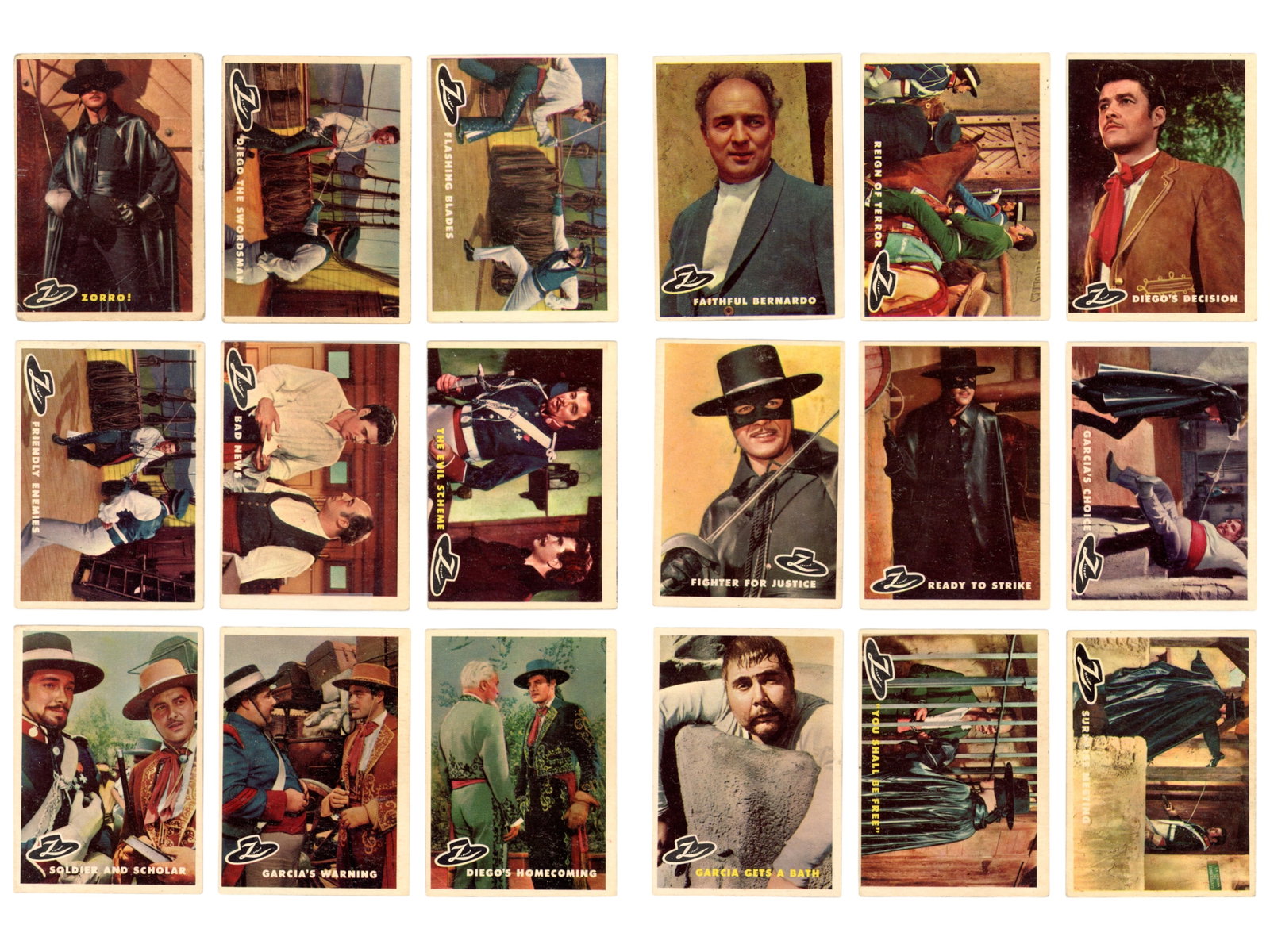 1958 Topps "Zorro" Complete Set: Complete mid grade set of Topps' 1958 Zorro 88-Card set. Shipping: Weiss Auctions offers full-service, in-house shipping for nearly all items in this auction. For a shipping quote, please contact us p