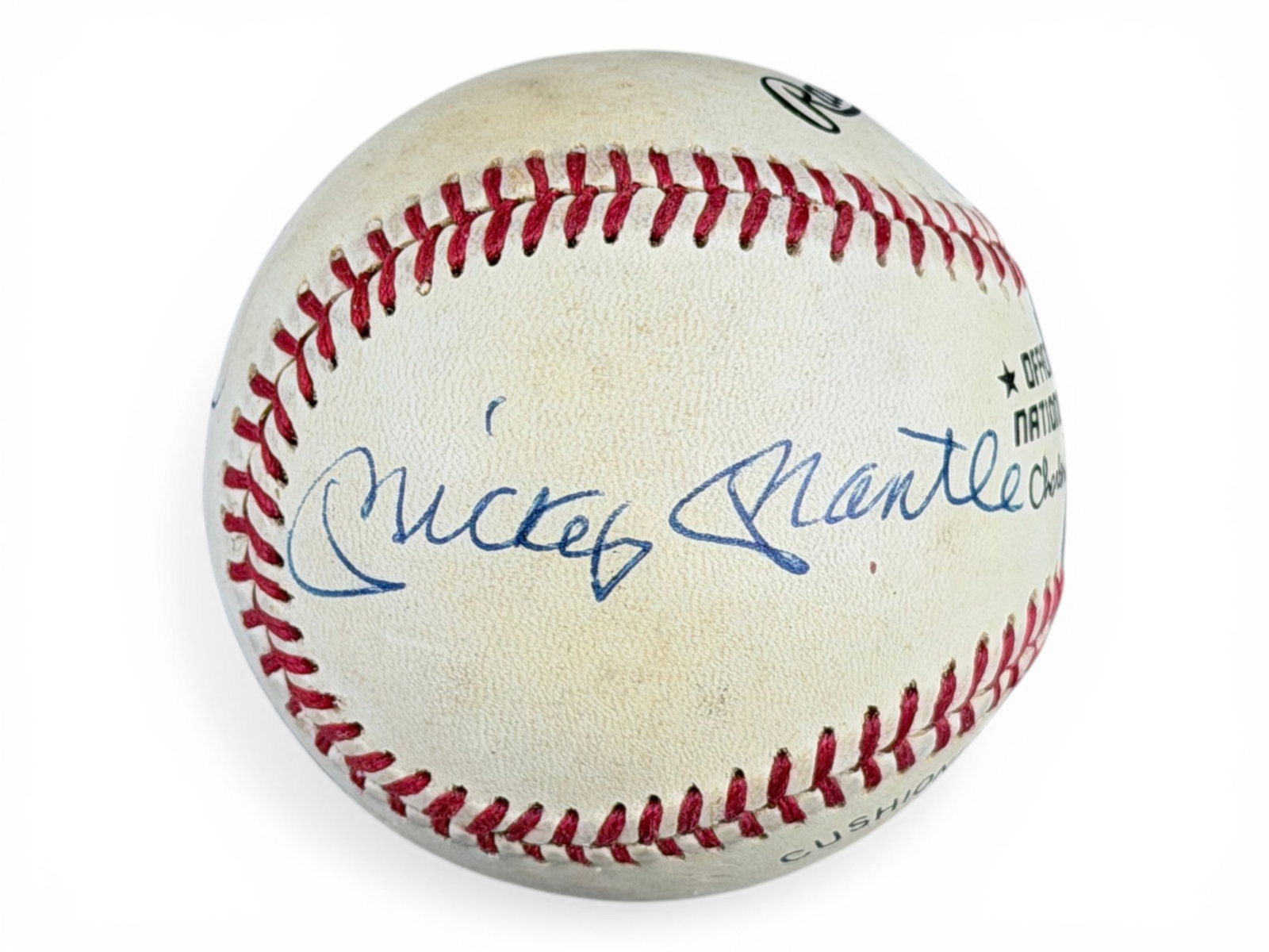 Mantle, Mays & Snider Signed NL Baseball - JSA: Official National League baseball (Charles S. Feeney) signed by Mickey Mantle, Willie Mays, and Duke Snider. Blue ballpoint signatures appear on the sweet spot, south panel, and north panel of the Raw