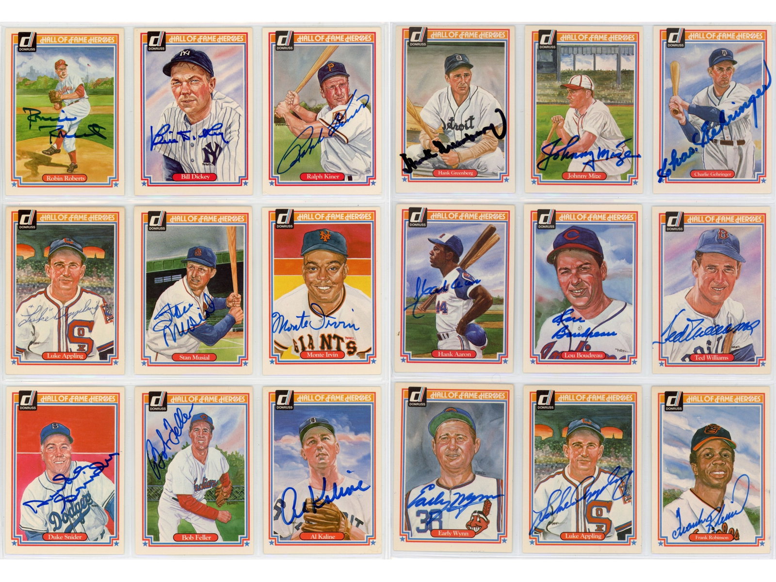 (20) 1983 Donruss HOF Heroes Signed Cards: 20 cards from the 1983 Donruss Hall of Fame Heroes series, each signed on the front in blue marker. Signers include Hank Aaron, Hank Greenberg, Charlie Gehringer, Ted Williams, Stan Musial, and others