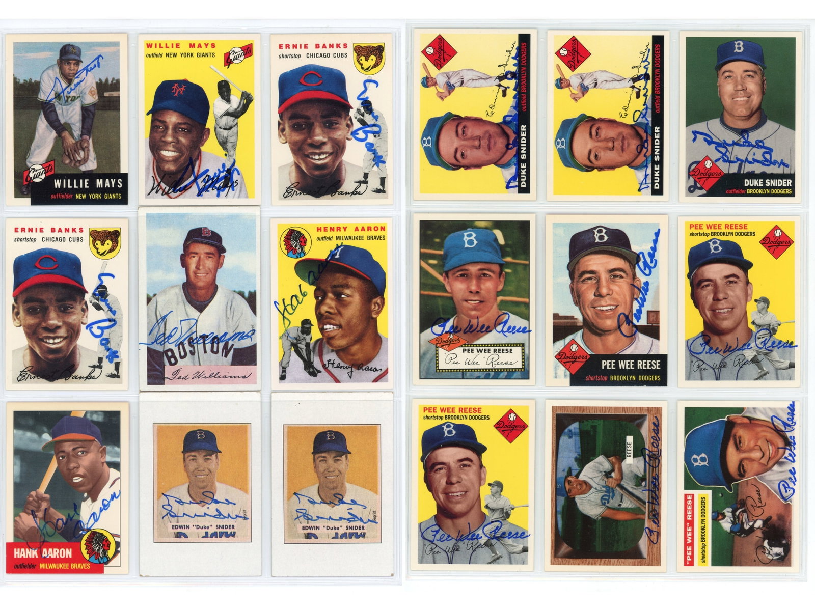 (100+) Signed Topps & Bowman Reprint Cards: More than 100 signed Topps and Bowman reprint cards depicting classic 1950s issues, each signed by Hall of Fame players. Signers include Willie Mays, Ernie Banks, Ted Williams, Hank Aaron, Duke Snider