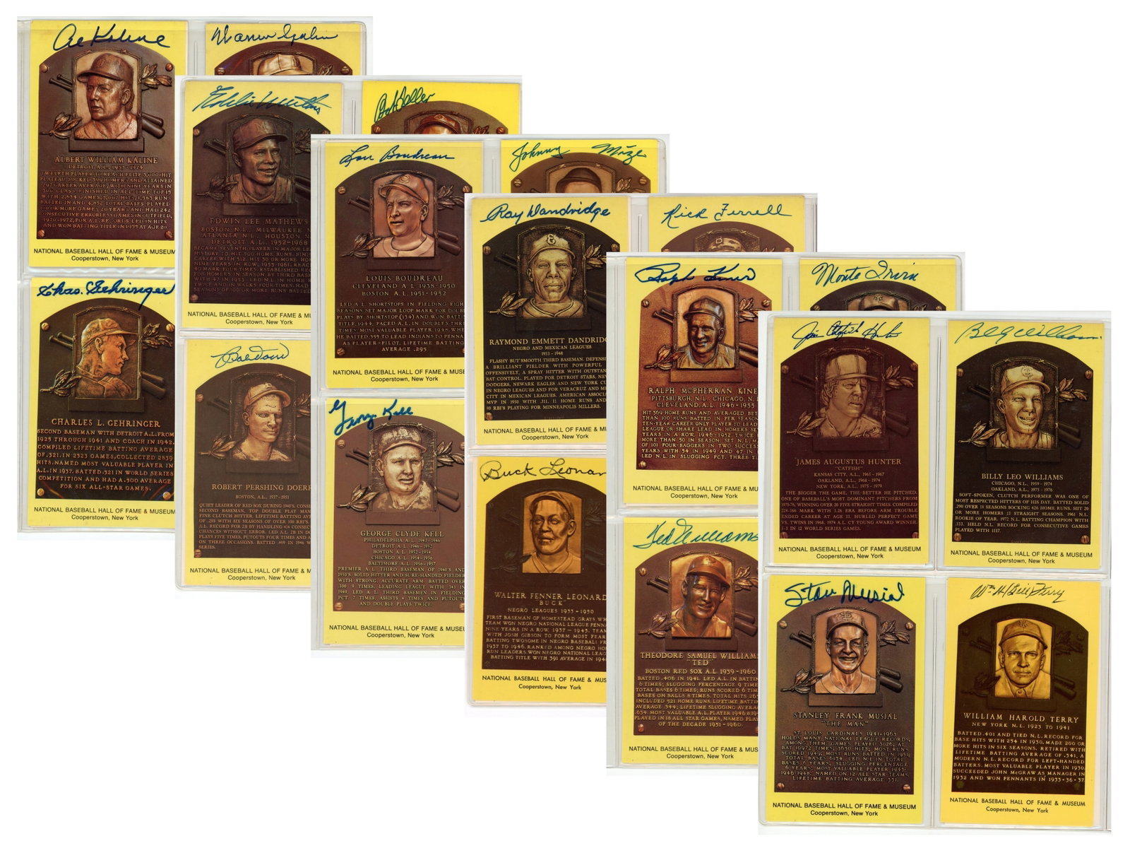 (100+) Signed Hall of Fame Plaque Postcards: Large collection of more than 100 Yellow Hall of Fame plaque postcards signed on the front by numerous Hall of Fame players. Signers include Sandy Koufax, Willie Mays, Zack Wheat, Sam Rice, George Sis