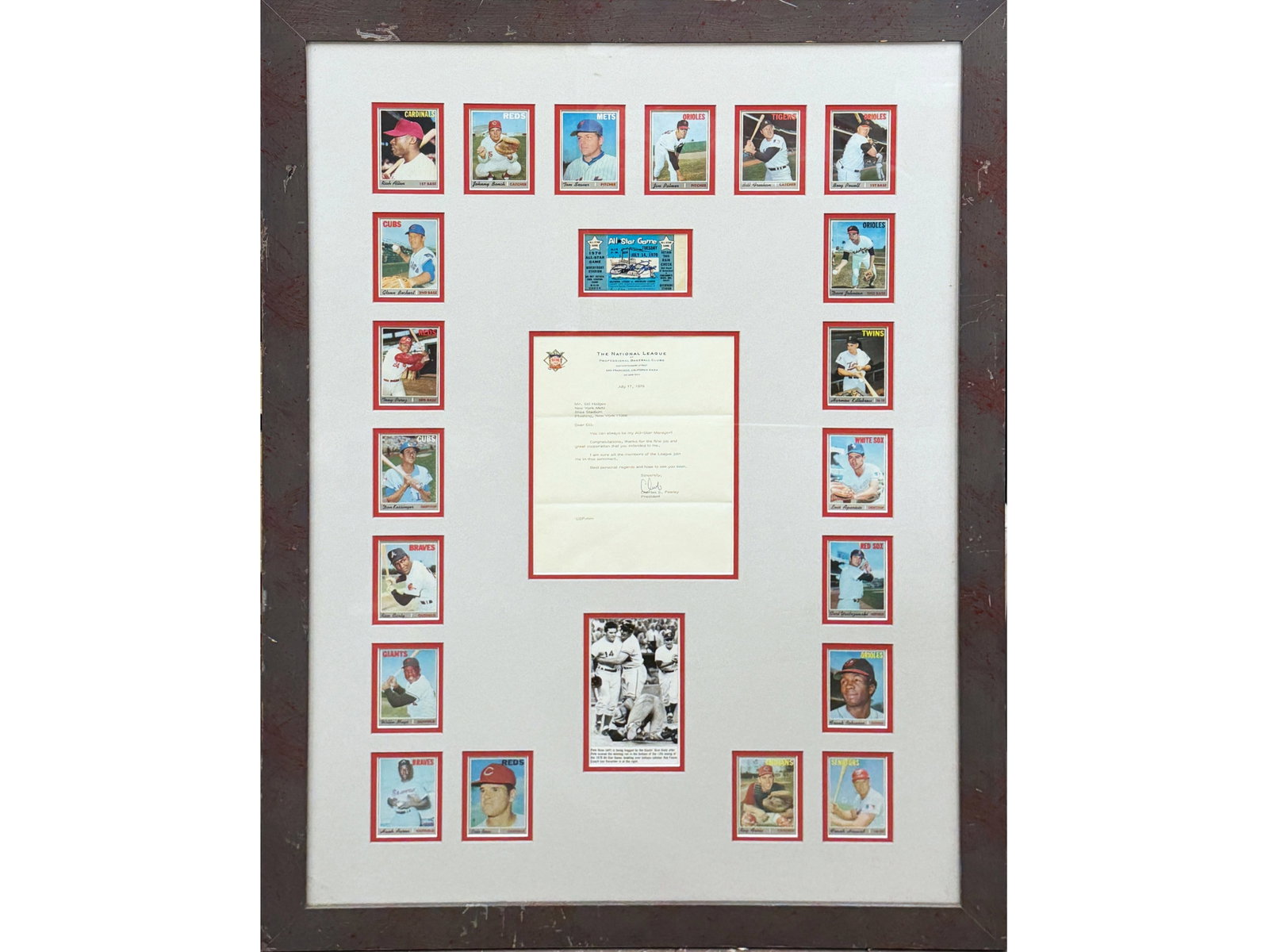 1970 All-Star Signed Display Pete Rose & Feeney: Large framed display relating to the June 17, 1970 MLB All-Star Game, signed by Pete Rose and National League President Chub Feeney. The display includes a typed letter to Gil Hodges signed by Chub Fe