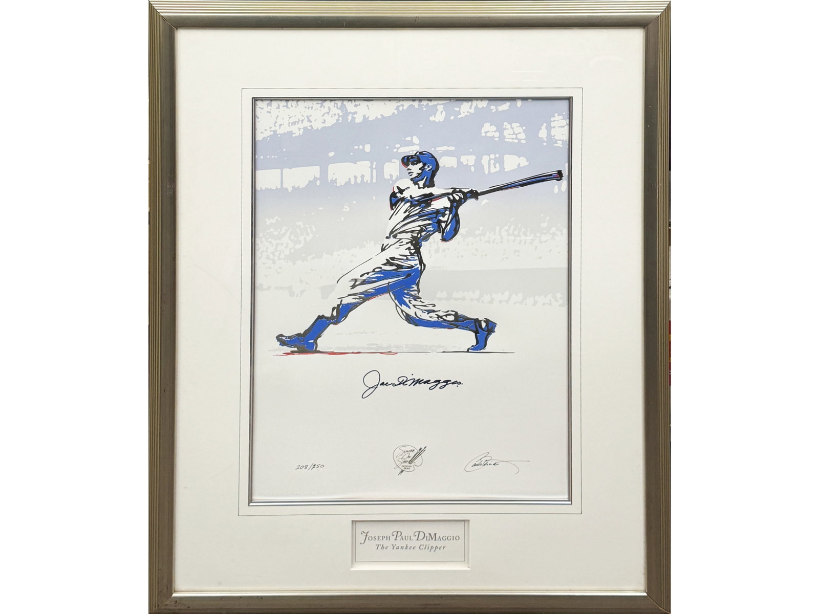 Joe DiMaggio "Silver Yankee Clipper" Serigraph: "The Silver Yankee Clipper" serigraph featuring Joe DiMaggio from the 1994 Signature One Series. Elite limited edition numbered 208 of 750. Includes a Certificate of Authenticity dated February 1994 f