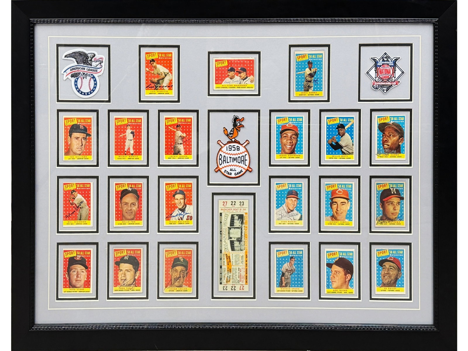 1958 Topps All-Star Signed Card Display: Framed display of 1958 Topps All-Star cards with many signed examples. Signed cards include Luis Aparicio, Casey Stengel, Ernie Banks, Jackie Jensen, Hank Aaron, Bill Skowron, Frank Malzone, Stan Musi