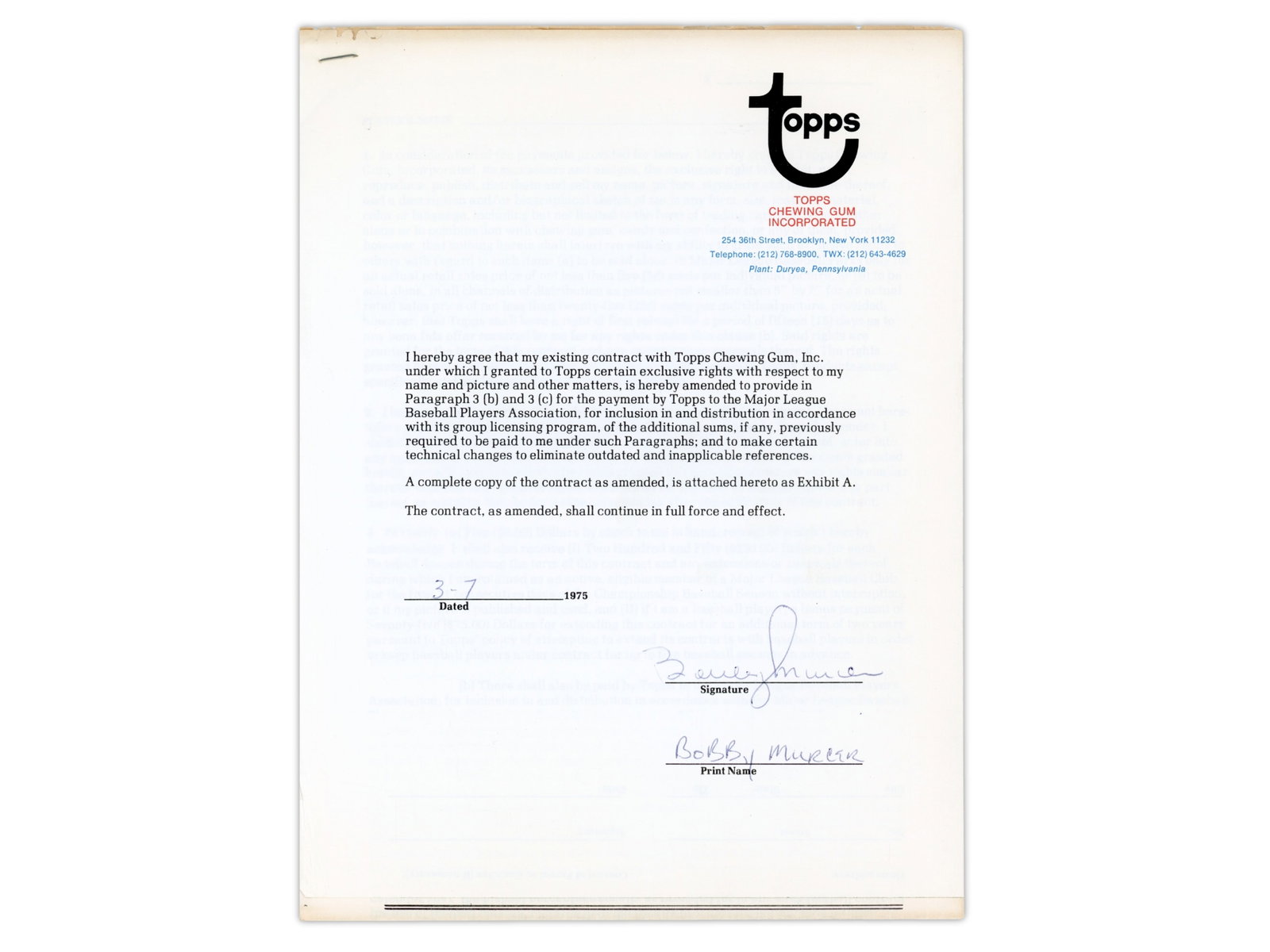 Bobby Murcer Topps Contract & Letters: Group of three items relating to Bobby Murcer's relationship with Topps executive Sy Berger. Included is a one-page typed Topps contract addendum dated March 7, 1975, signed by Bobby Murcer in blue