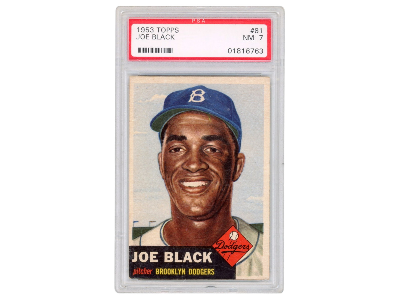 1953 Topps #81 Joe Black PSA 7: 1953 Topps #81 Joe Black card graded PSA NM 7. Black was the 1952 National League Rookie of the Year with the Brooklyn Dodgers and a key member of the club's pitching staff during the early 1950s. PSA
