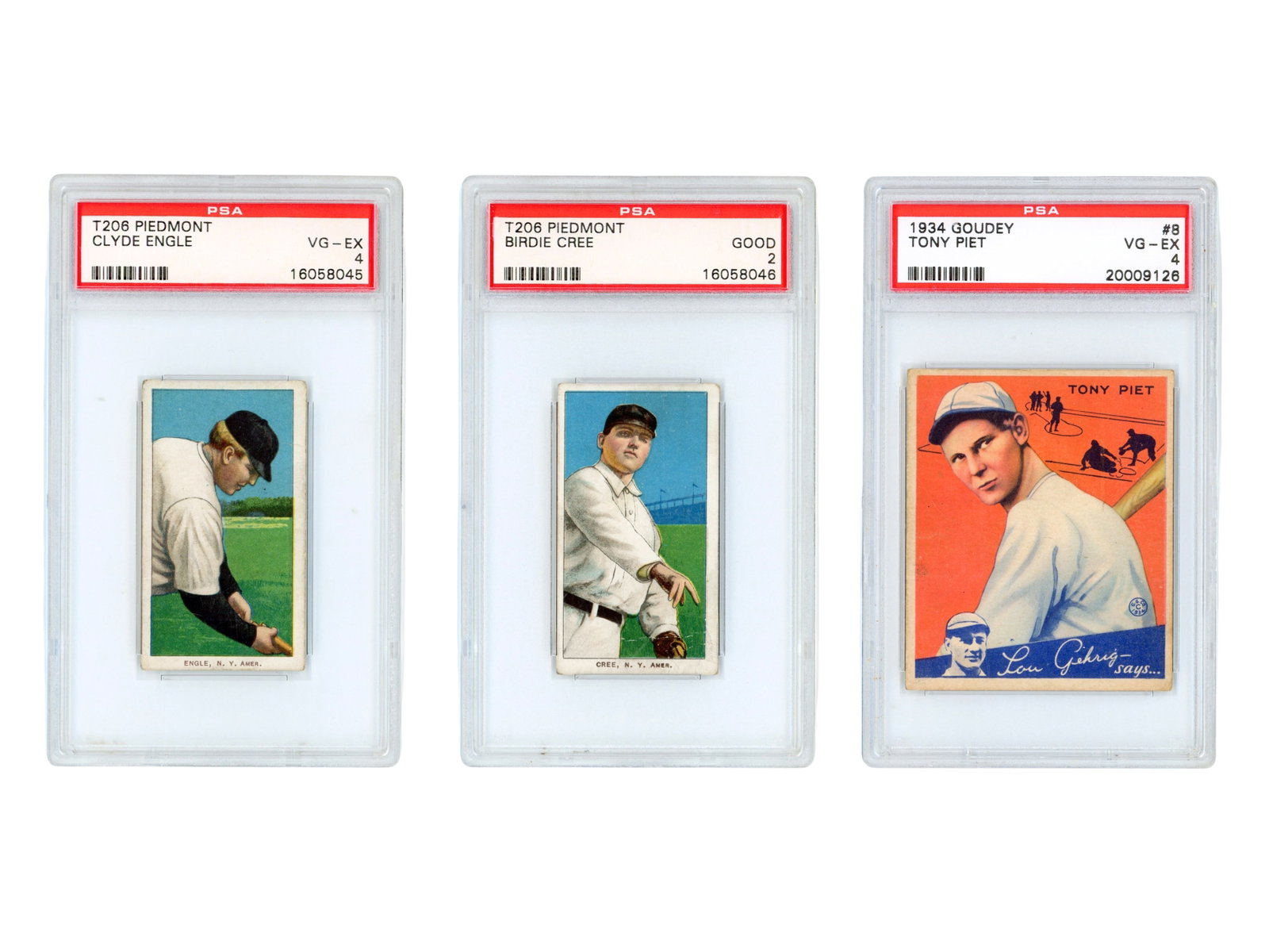 (3) Vintage Baseball Cards - PSA: Three vintage PSA graded baseball cards including T206 Piedmont Clyde Engle graded PSA VG-EX 4 (PSA 16058045), T206 Piedmont Birdie Cree graded PSA Good 2 (PSA 16058046), and 1934 Goudey #8 Tony Piet 