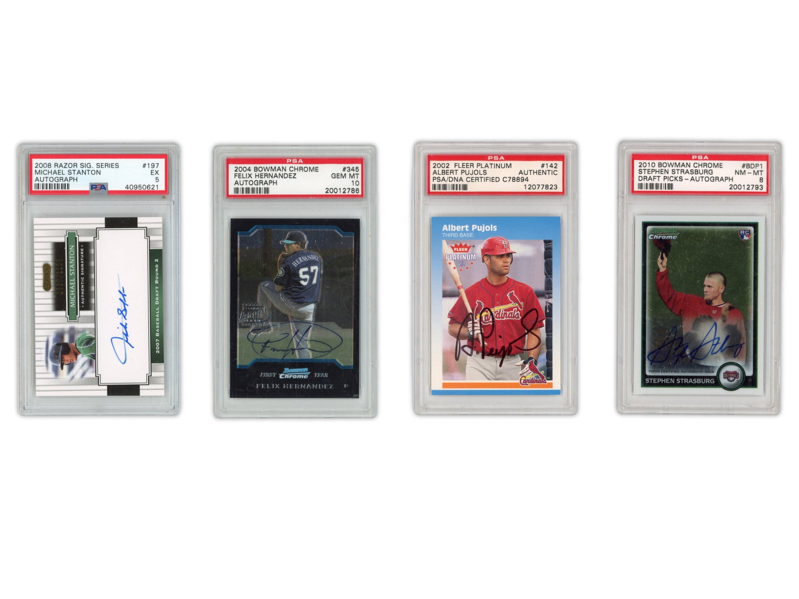 (4) Signed PSA Graded Baseball Cards: Four signed modern baseball cards including 2002 Fleer Platinum #142 Albert Pujols signed in black marker, encapsulated by PSA with PSA/DNA autograph certification C78894 (PSA 12077823); 2010 Bowman C