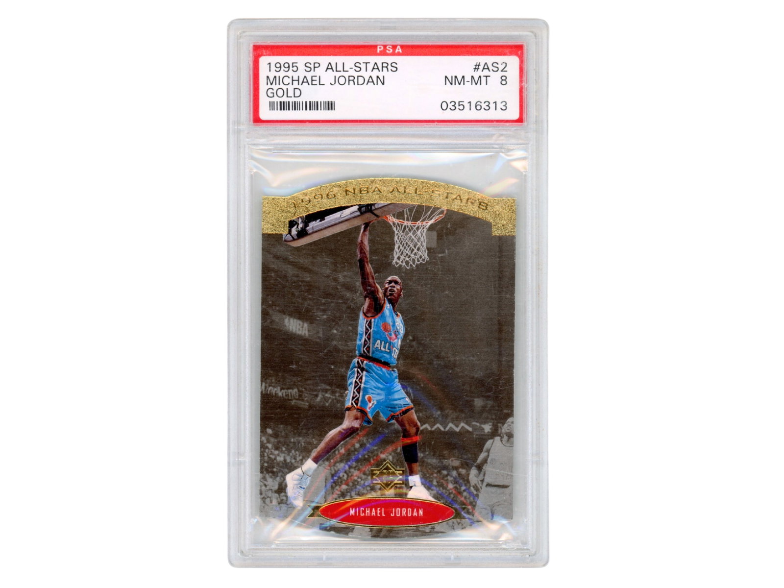 1995 SP All-Stars Michael Jordan Gold #AS2 PSA 8: 1995 SP All-Stars Michael Jordan Gold #AS2 card graded PSA NM-MT 8. Insert card from the Upper Deck SP All-Stars series featuring Jordan during his return to basketball in the mid-1990s. PSA 03516313 
