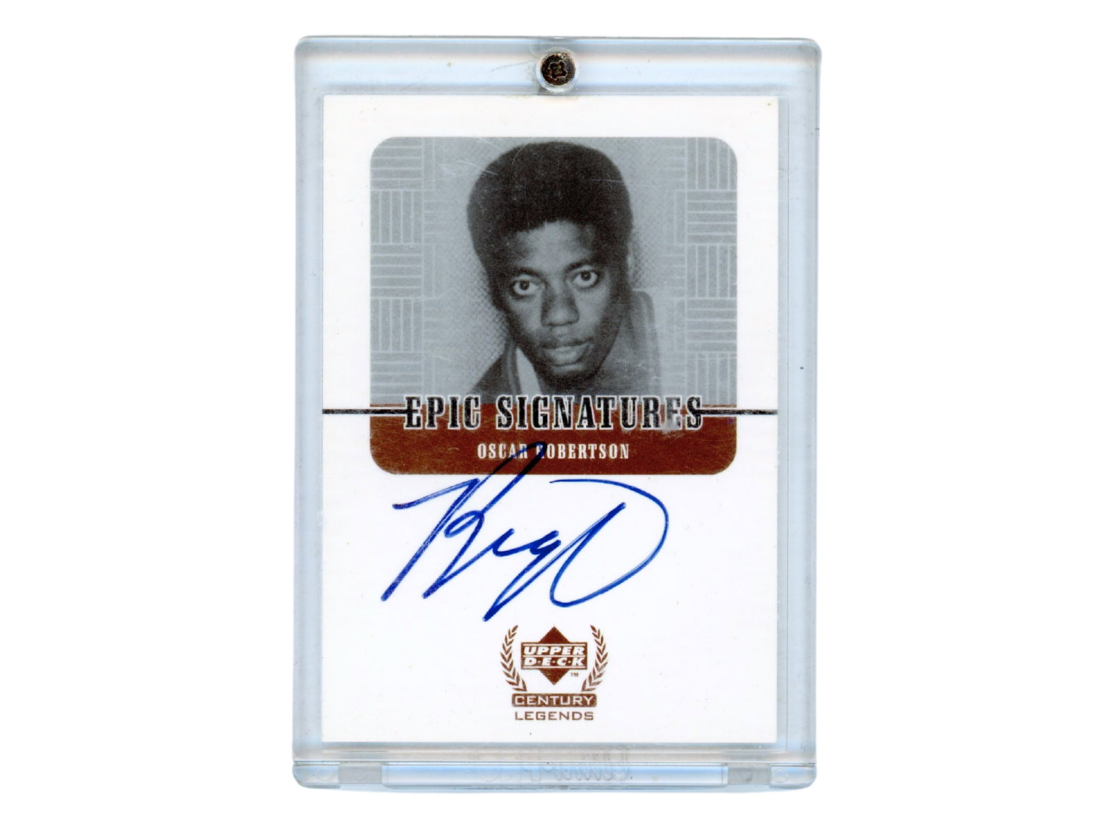 1999 UD Epic Signatures Oscar Robertson: 1999 Upper Deck Century Legends Epic Signatures Oscar Robertson autograph card. Ungraded example featuring the Hall of Fame guard and one of the greatest players in NBA history. See images for conditi